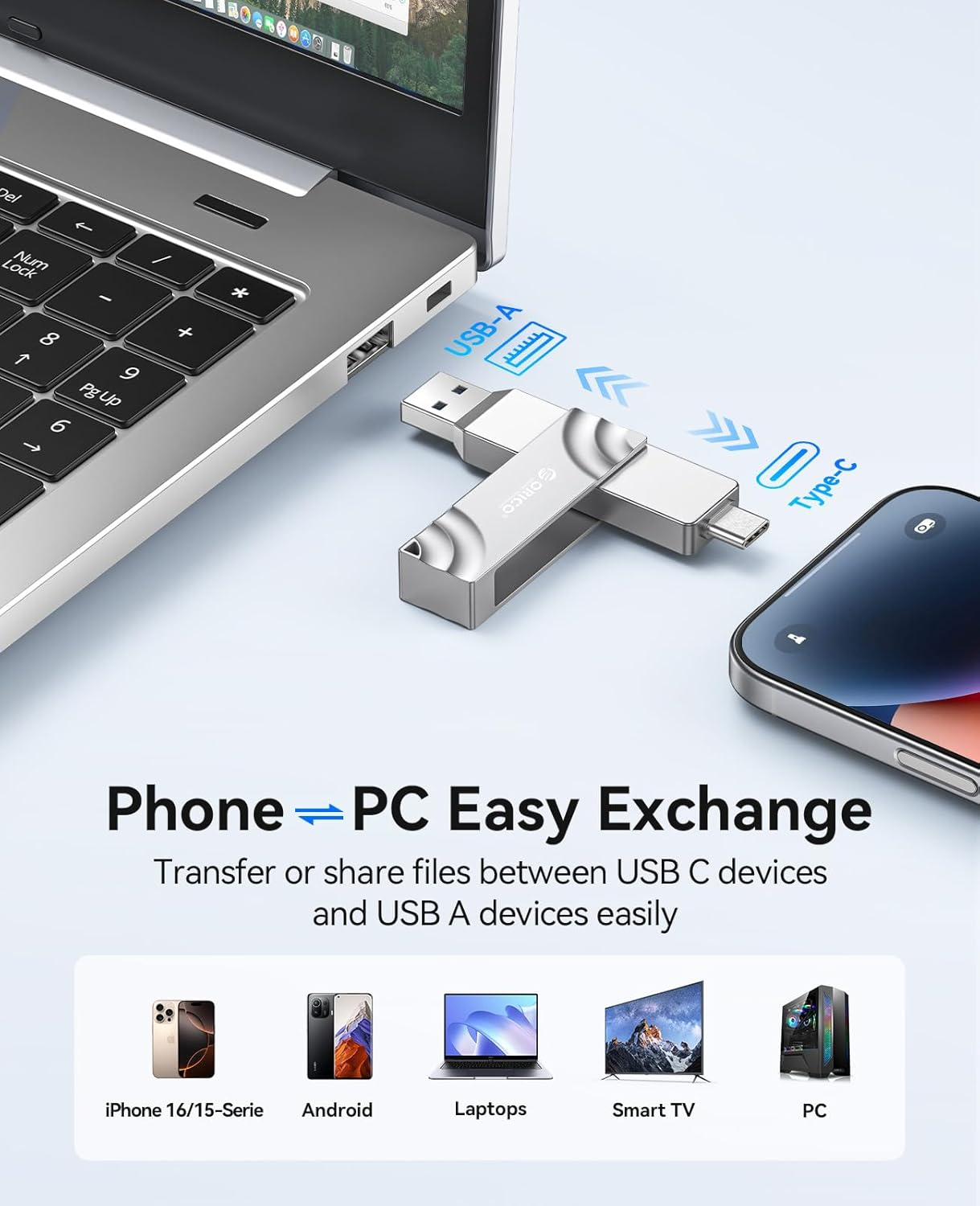 ORICO 1TB External Solid State Drive, 1050Mb/S Dual-Port Rotating Metal Portable SSD with 90&deg; Click-Stop, Reliable Storage for Iphone 16, 15 Series, Type-C Smartphone, Mac, Audio, Vehicle - A10 image number 6