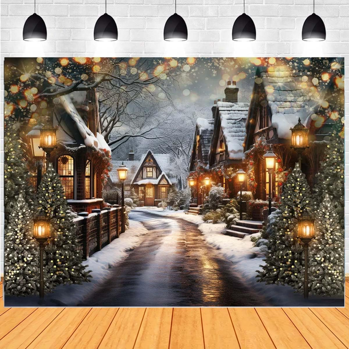 Christmas Snowy Night Background Photography Street Lights Houses Shops Christmas Trees Children Family Backdrops Winter Christmas Eve Fairytale Street Lights Snowy Scene Background,7X5Feet image number 3