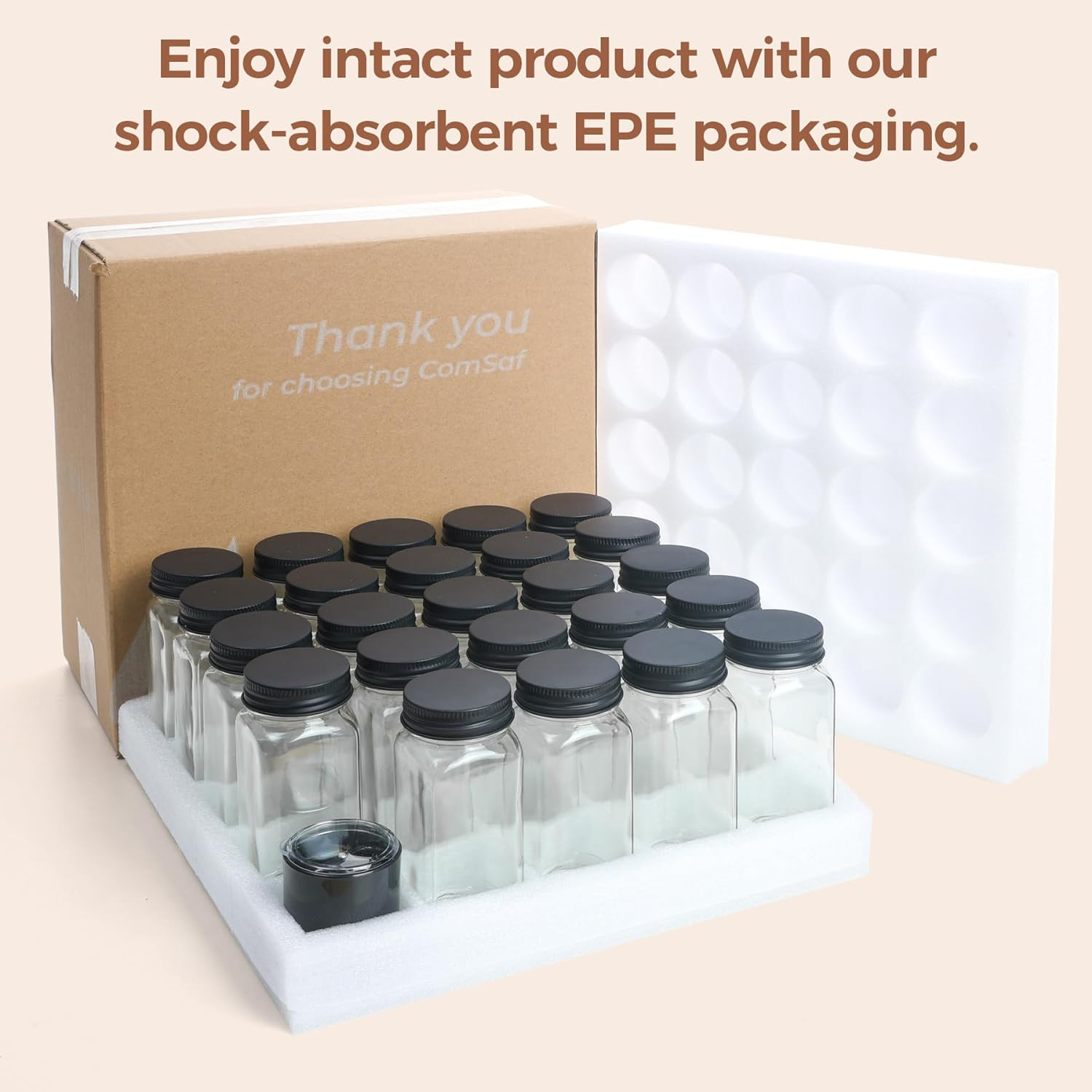 Comsaf 24Pcs 4Oz Spice Jars with Metal Lids, Square Glass Spice Containers with 93 Labels, Seasoning Shaker with Collapsible Funnel Pepper Grinder, Empty Spice Bottles for Kitchen Drawers Cabinet image number 5