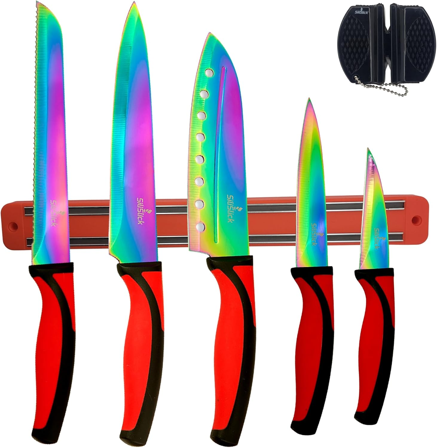Silislick Kitchen Starter Kit | 5 Pcs Rainbow Titanium Stainless Steel Knife Set | Magnetic Strip Tool Rack | Portable Knife Sharpener (Red Handle | Red Rack) - Black image number 6