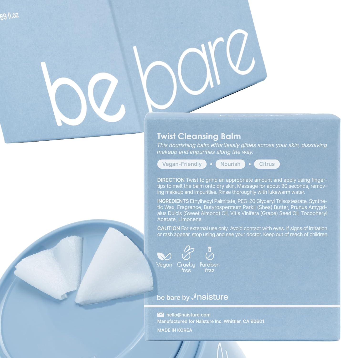 Naisture Bebare Twist Cleansing Balm with Hygienic Twist Dispenser: Cleanser for Heavy Makeup Removal, Hydrating Facial Wash for All Skin Types. Korean Vegan Skincare with Natural Oils