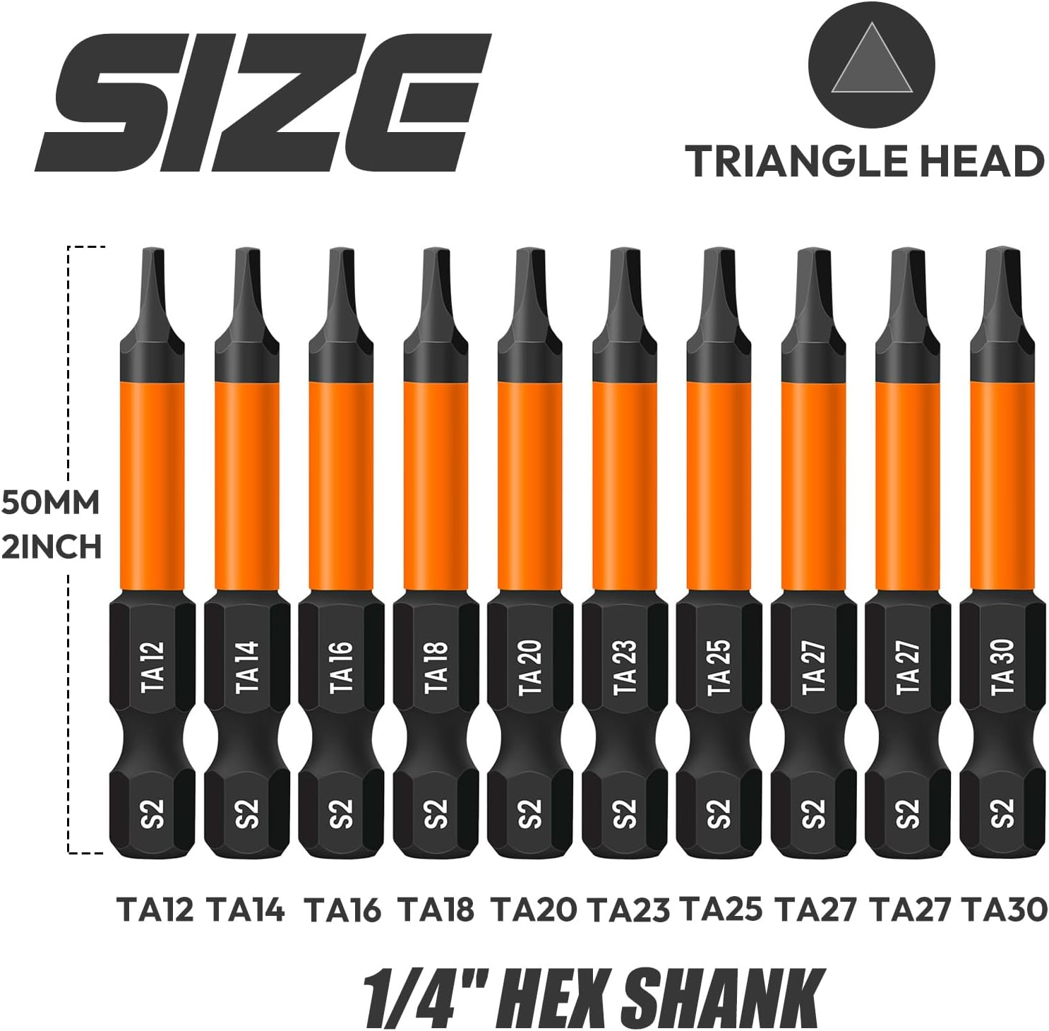 Saipe 10 Pieces Triangle Screwdriver Set, 2 Inch /50 Mm Long Magnetic Triangle Screwdriver Bits Set, 1/4 Inch Hex Shank Triangle Bit Set, S2 Steel Triangle Head Drill Bit for Impact Driver, TA12-TA30 image number 4