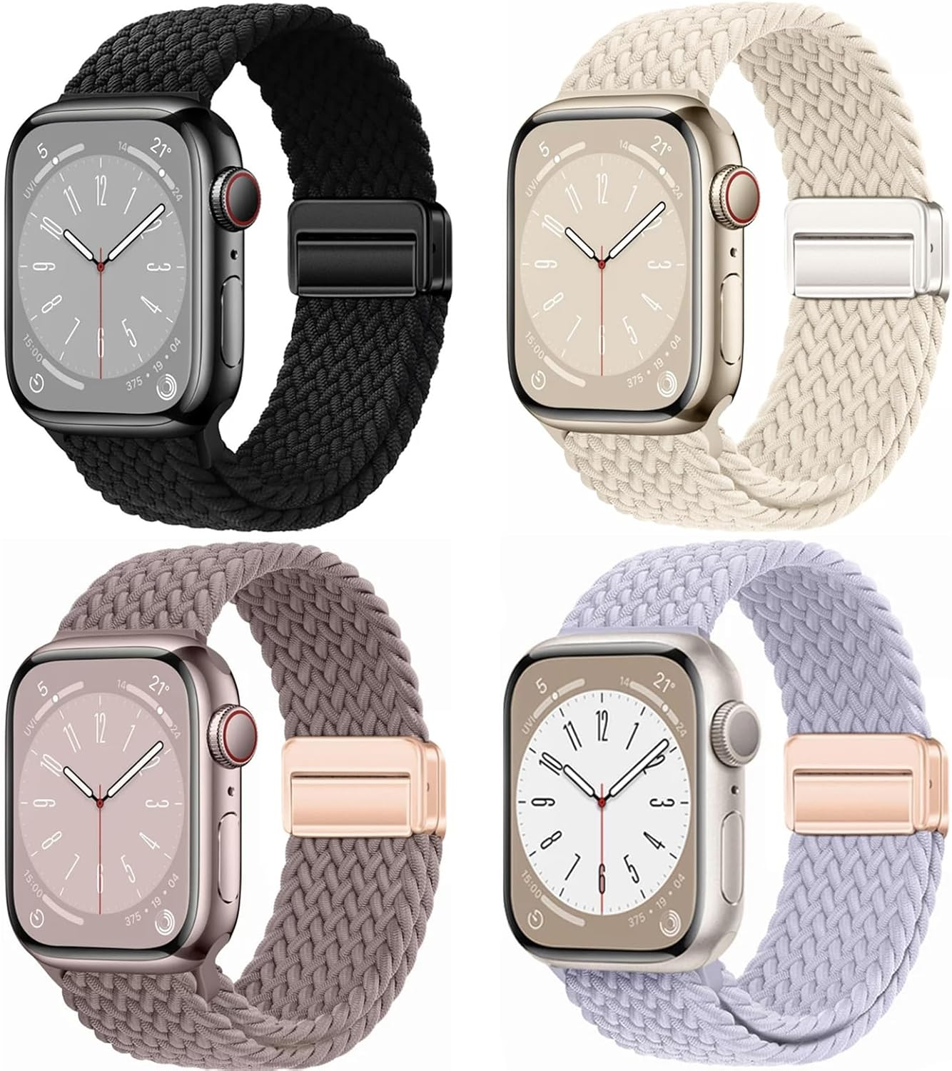 4 Pack Braided Stretchy Band with Magnetic Clasp Compatible with Apple Watch Bands 38Mm 40Mm 41Mm 42Mm 44Mm 45Mm 46Mm 49Mm Women Men,Elastic Nylon Sport Solo Loop for Iwatch Series 10 9 8 7 6 5 4 3 Ultra SE
