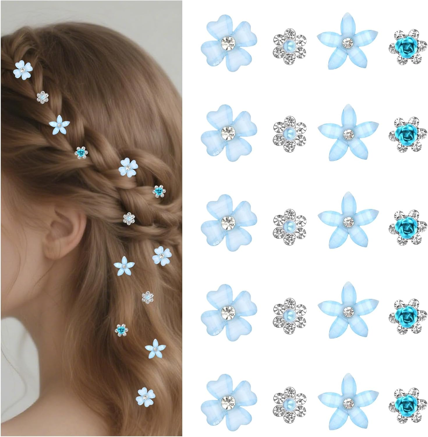 Bumlofa Blue Flower Hair Clip: 20 Mini Hair Clips Small with Crystal, Perfect for Girls & Children, Beautiful for Hairstyle Decor & Party Styling image number 6