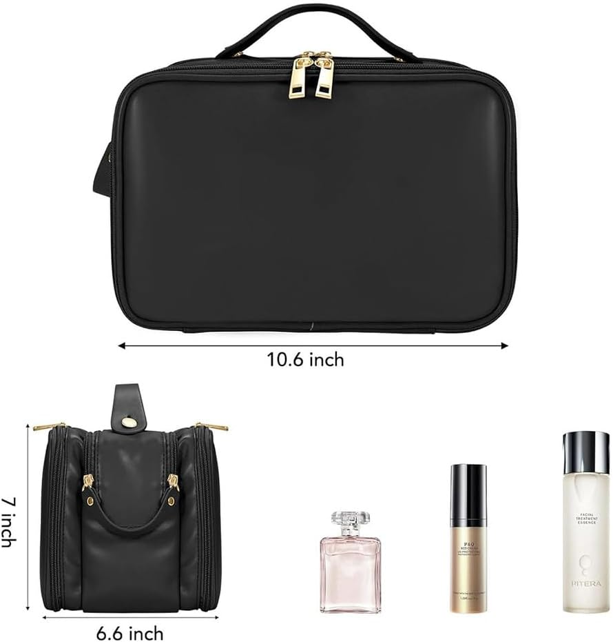 Large Makeup Bag, Portable Travel Makeup Bag Organizer,Women'S Large Capacity Cosmetic Organizer Waterproof Storage Toiletry Bags Vertical Free-Standing Brush Holder & Two Side Pockets (Black) - Yellow image number 6