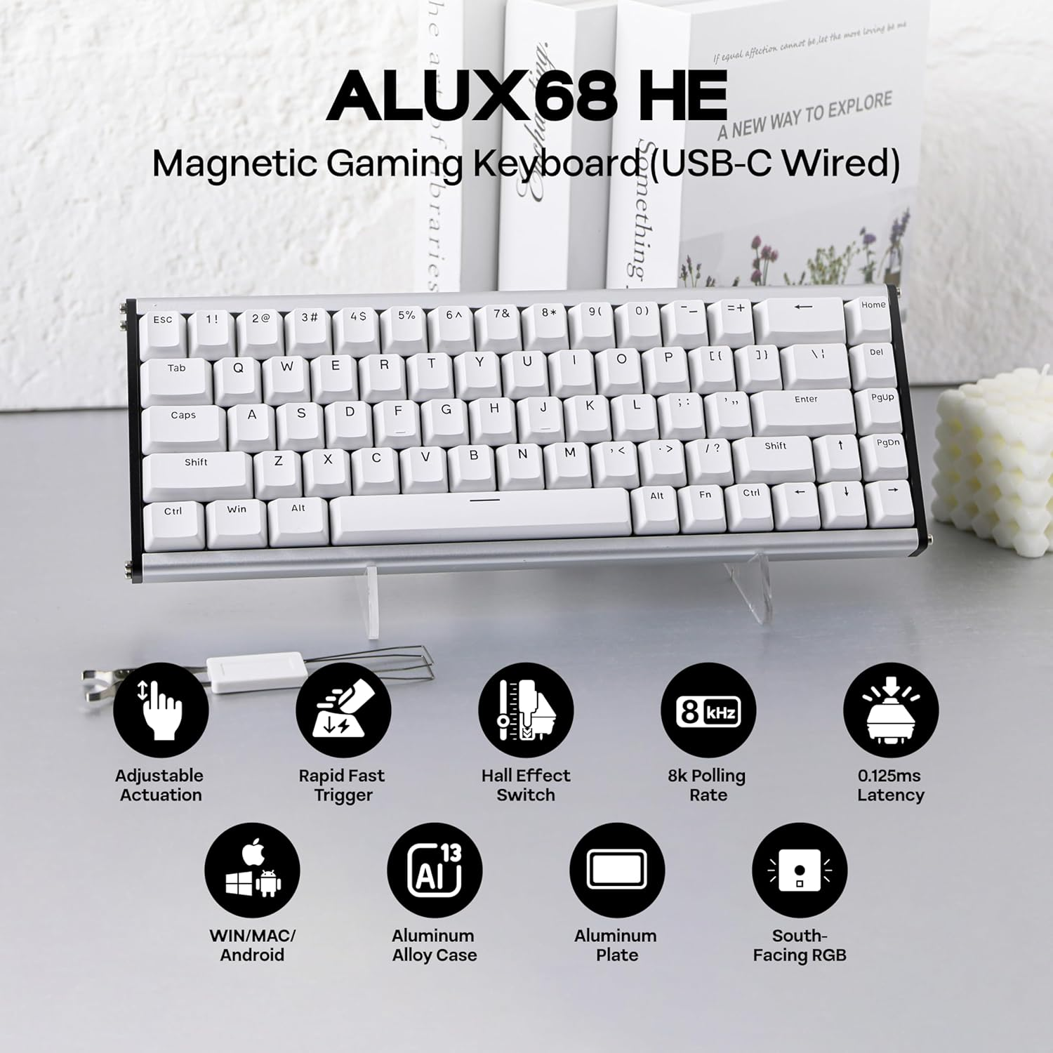 Mechlands AJAZZ ALUX68 HE Aluminum Rapid Trigger Gaming Keyboard with Magnetic Switch, Wired Hall Effect Keyboard with 8K Polling Rate, 0.125Ms Latency, RGB Backlight (White, ALUX68 Plus)