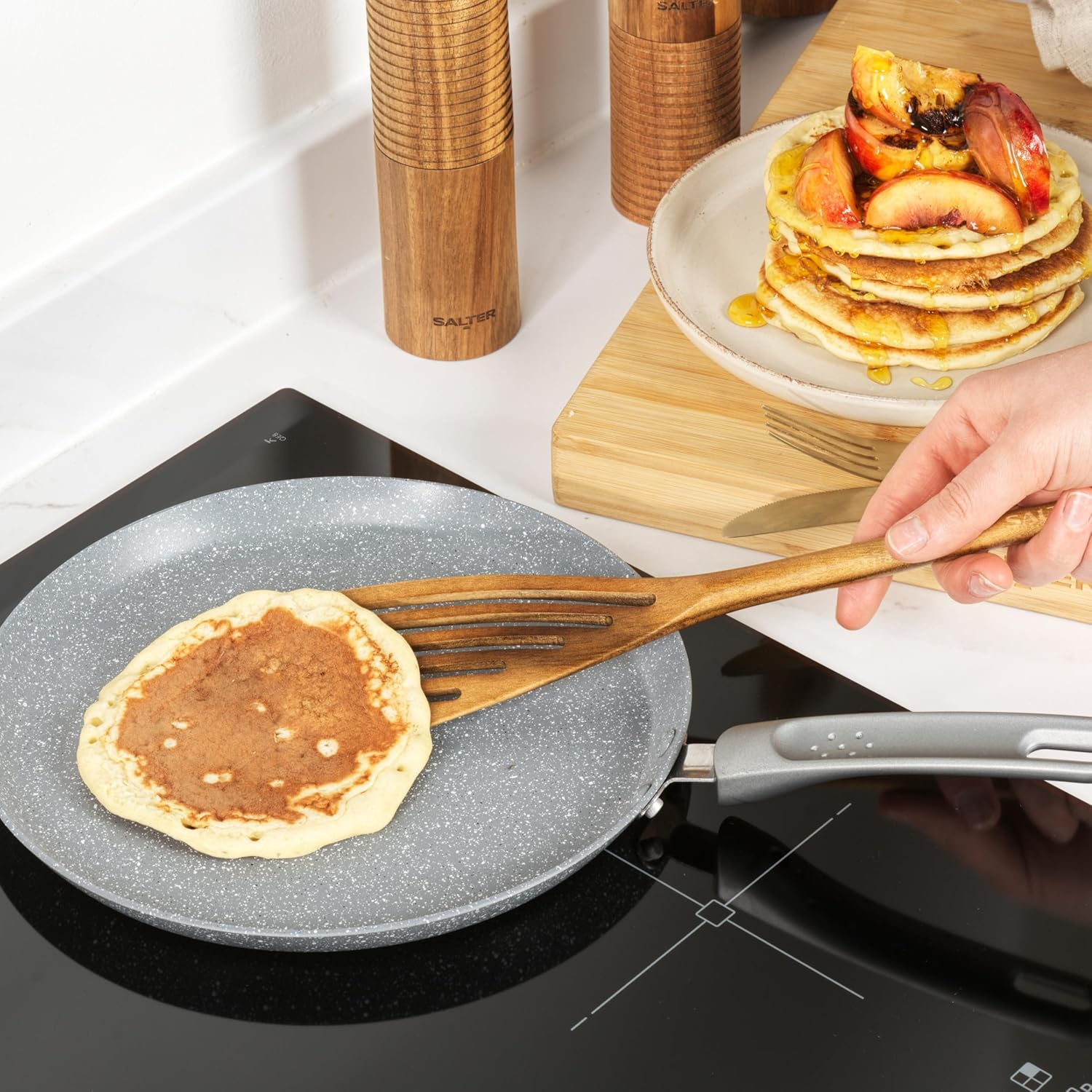 SALTER BW13656GEU7 25 Cm Pancake Pan - Marblestone Non-Stick Pan, Pfoa-Free, Easy to Clean, Soft Touch Handle, Crepe Pan, Forged Aluminium, Induction Safe, for Omelette, Chapati image number 1