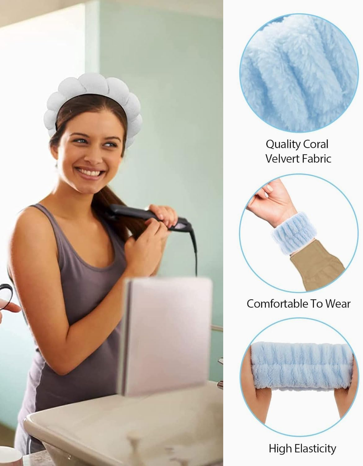 TPZORJX Sponge Headband Bracelet Sets for Washing Face Makeup Headbands for Women Girls Skin Care Removal Spa Yoga Sports Shower Headband Terry Towel Fabric Hair Band - Blue image number 4