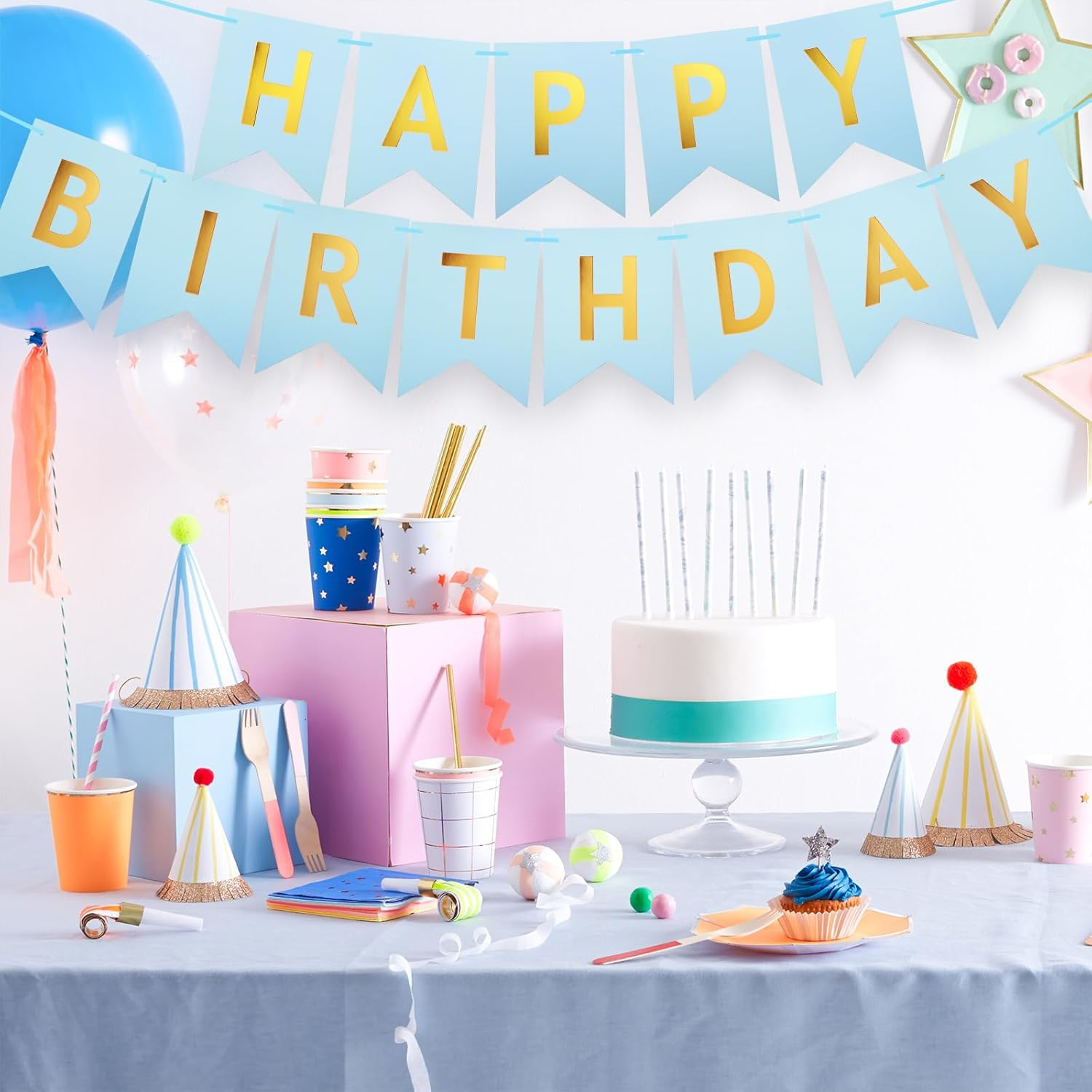 Bighan 5M Happy Birthday Banner Birthday Garland Party Decorations Birthday Signs Hanging Decor Kids' Birthday Party Banners, Blue image number 2