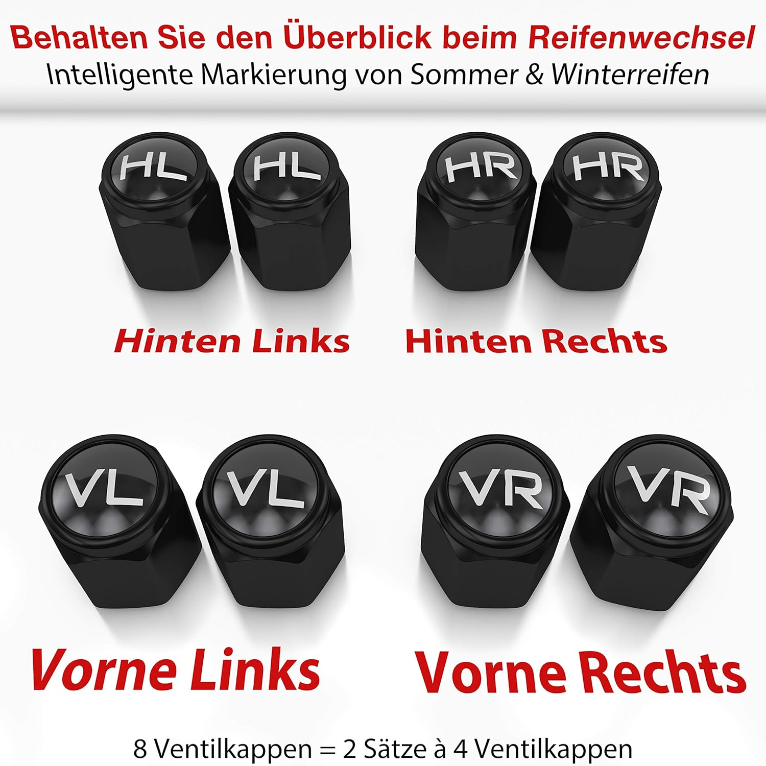 JK Trade&reg; 8 X ABS Plastic Car Valve Caps for Tyre Marking with Integrated Seal for Stored Winter and Summer Tyres, Universal, Car Accessories (Black V1) - Black V1 image number 4