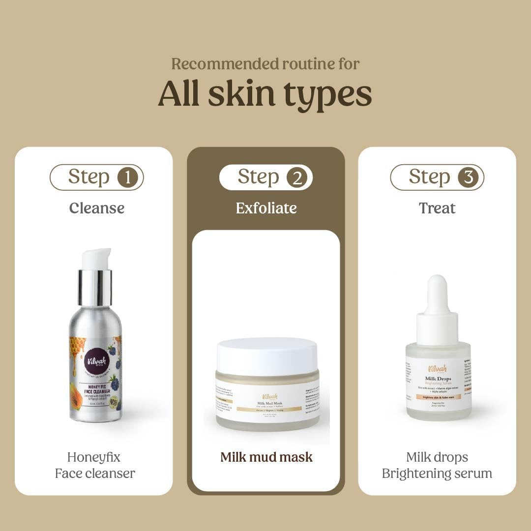 Vilvah Store Milk Mud Mask, De-Tan Pack, with Oat Milk, Saffron Extract and Kaolin Clay, Brightening and Tan Removal Cream, Sulphate Free, for All Skin Types, for Men & Women, 50Ml image number 3