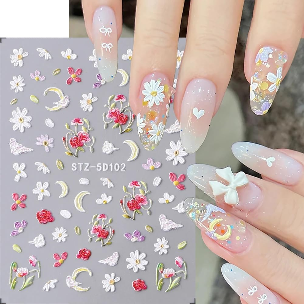 Nail Stickers Self-Adhesive 5D Flowers Nail Art Stickers Pink White Wild Flowers Spring Flowers Nail Sticker 3D Nail Design DIY Manicure Decoration (2 Sheets)