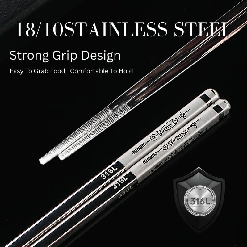 PUKU Lumina&trade;-Elite 18/10 Silver Stainless Steel Chopsticks Set (5 Pairs) &ndash; Reusable 316L Metal Chopsticks, Engraved Non-Slip Tips, Square Anti-Roll Design, Rust-Resistant, Dishwasher Safe, Gift-Boxed image number 3