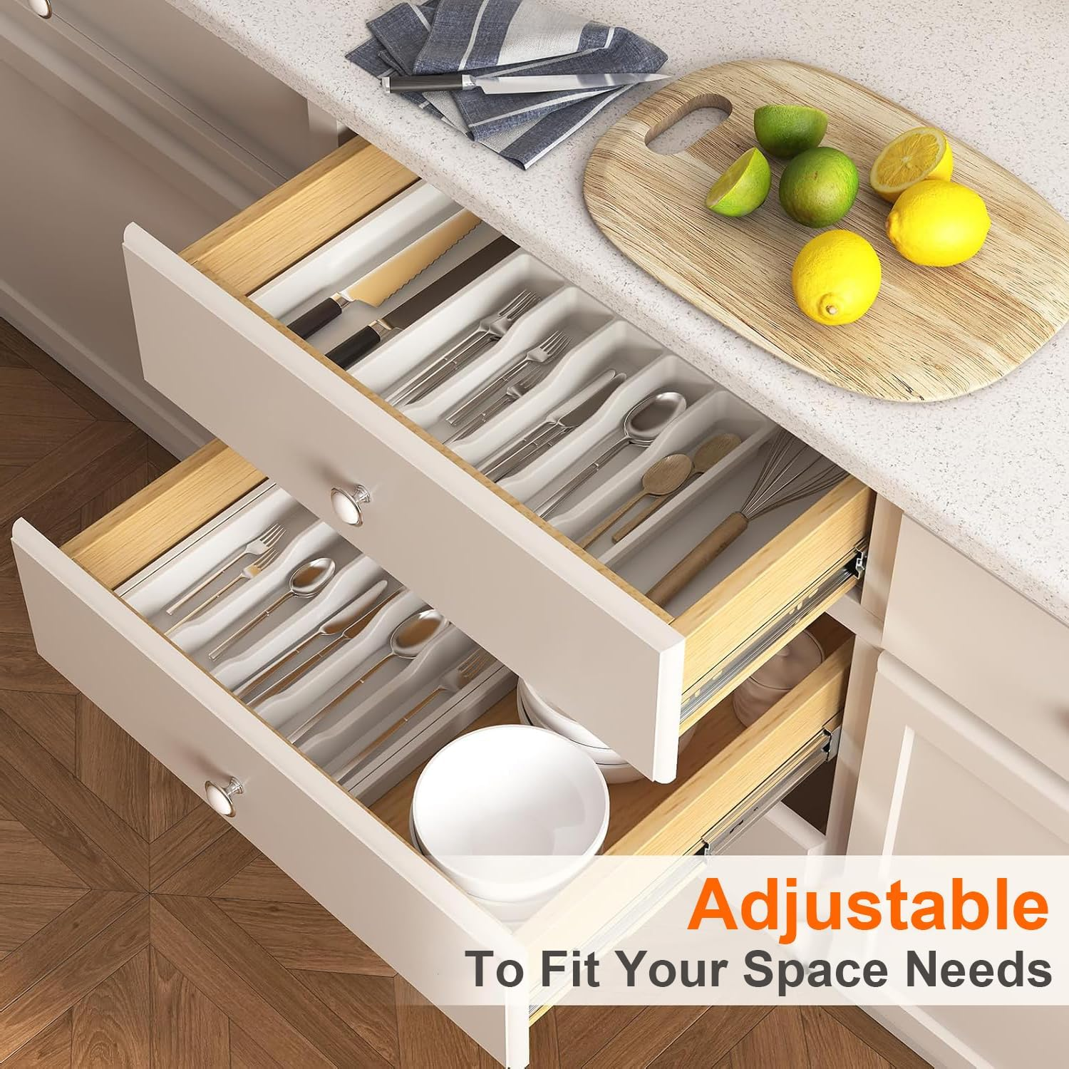 Utensil Drawer Organizer, Expandable Utensil Tray for Kitchen, Adjustable Flatware and Cutlery Holder, Compact Plastic Storage for Spoons Forks Knives (White) - Black image number 4