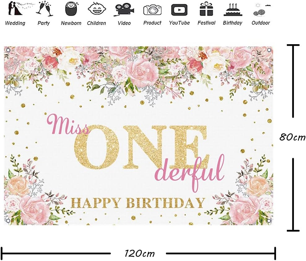 Miss Onederful Birthday Backdrop Watercolor Flowers Golden Dots First Birthday Photography Backdrop Baby Girl Happy 1St Birthday Party Decorations Supplies 120Cm