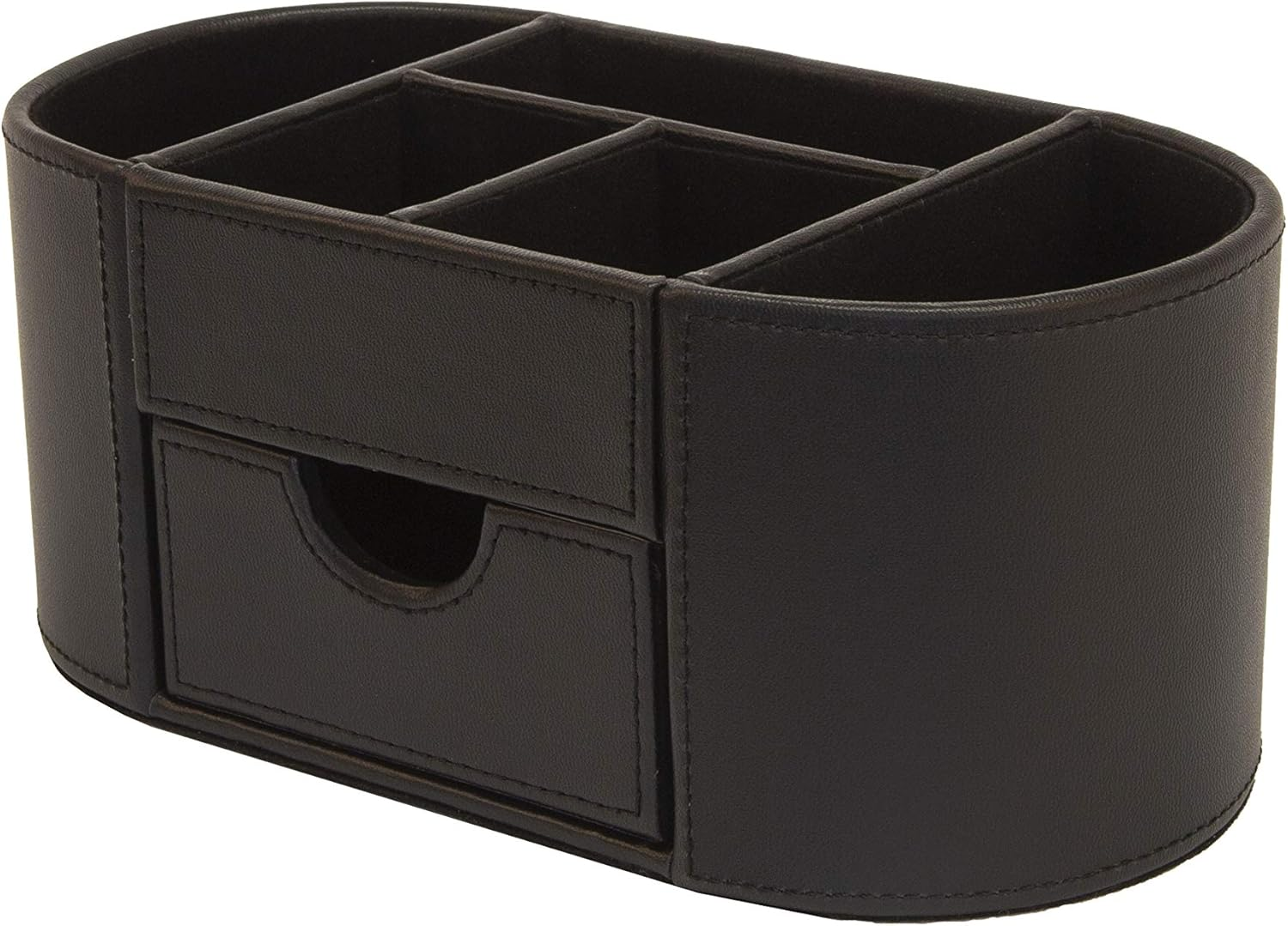 OSCO Black Faux Leather Desk Organiser with Drawer | Desk Tidy | Pen Holder | Makeup Container | Pencil Storage | 6 Compartments | Stationery Caddy | H10 X W23 X D12 Cm |