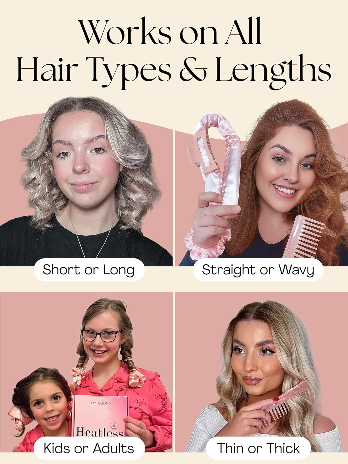 Lily England Heatless Hair Curlers to Sleep in - No Heat Curling Gift Set Includes Satin Headband, Hair Clip, Comb & 2 Scrunchies - Sleek & Smooth Overnight Curls (Peach, 6 Pack) image number 1