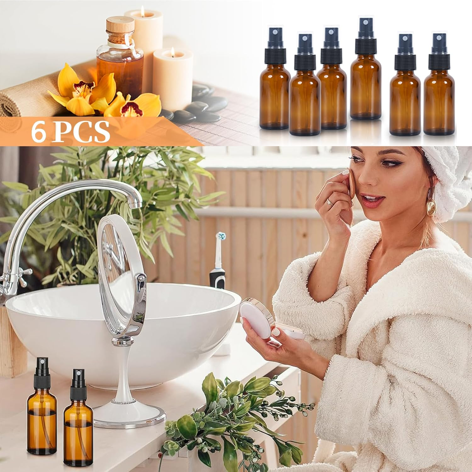 6 PCS Amber Glass Spray Bottles with Fine Mist Sprayer & Dust Cap, Refillable Empty Containers Bottles for Essential Oils, Skin Care, Perfume, Cosmetics, Beauty & Cleaning Atomizer Bottle (50ML) image number 5