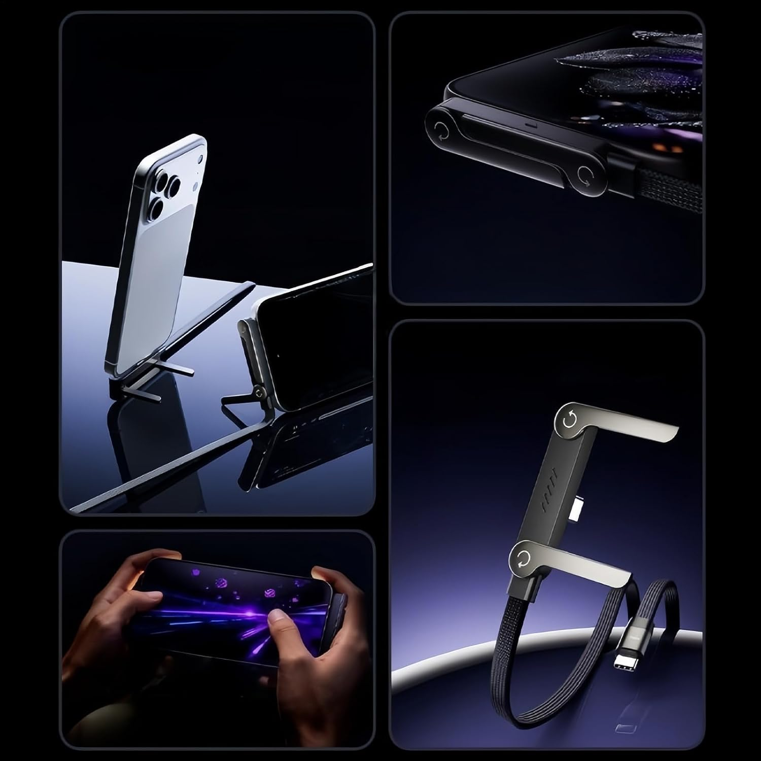 2-In-1 Invisible Holder Charger Cable | 240W Fast Charging Stand Data Cables | Adjustable 5 FT Sideways Phone Charger | Braide Chubby Bracket Sideways Charging Cable Cord for Type-C image number 4