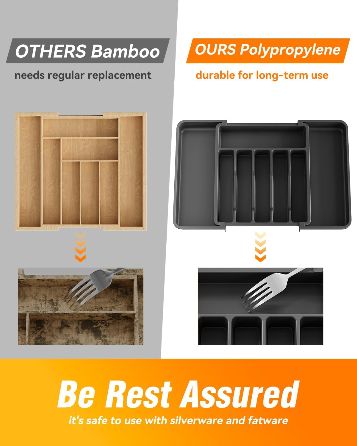 Billord Cutlery Drawer Organiser Tray - Large Kitchen Utensil Drawer Organisers, Expandable Kitchen Draw Organizer Adjustable 33-57Cm for Silverware and Flatware Holder, Plastic Storage Dividers image number 2