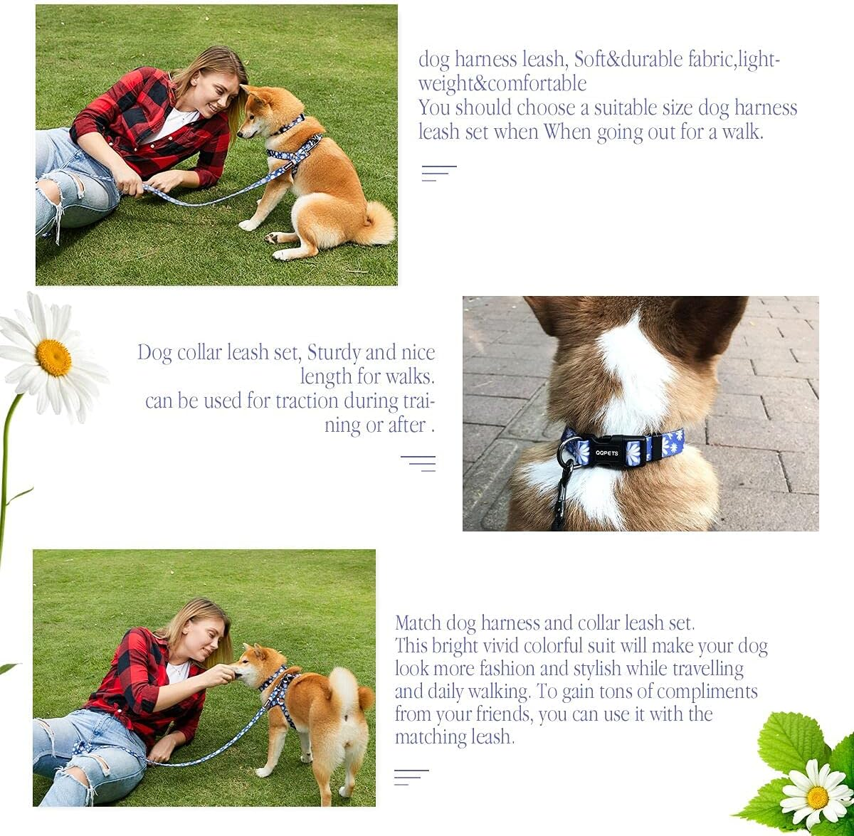 Dog Harness Collar Leash Set - No Pull Pet Adjustable Back Clip Halter Basic Collar Heavy Duty 5FT Anti-Twist Leash for Extra Small Puppy Medium Large Breed Training Running (Daisy, S) image number 3