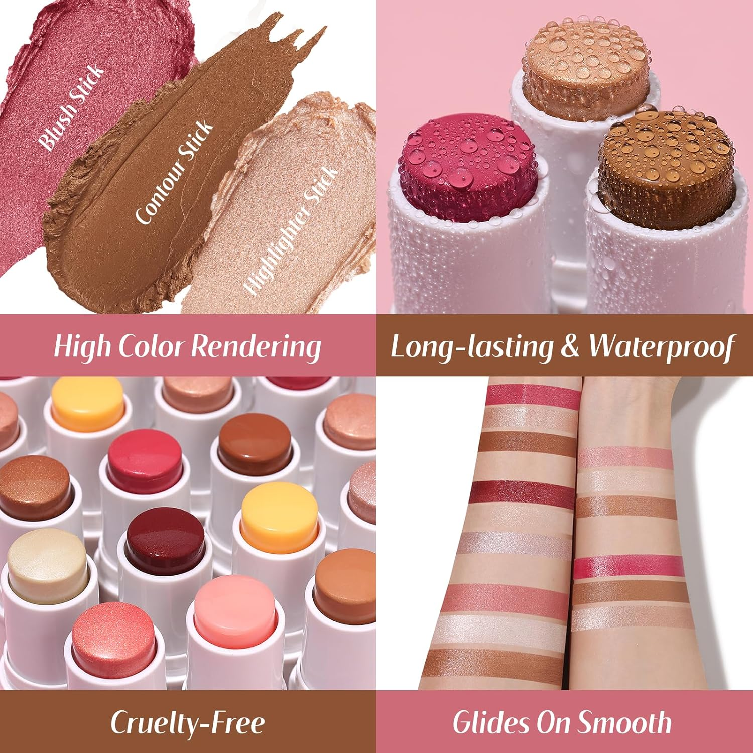 KIMUSE Face Sticks Trio, Cream Blush & Highlighter & Contour Stick for Sculpt the Cheeks, Long Lasting Cream Contour Stick Trio for Face Makeup, with Brush image number 3