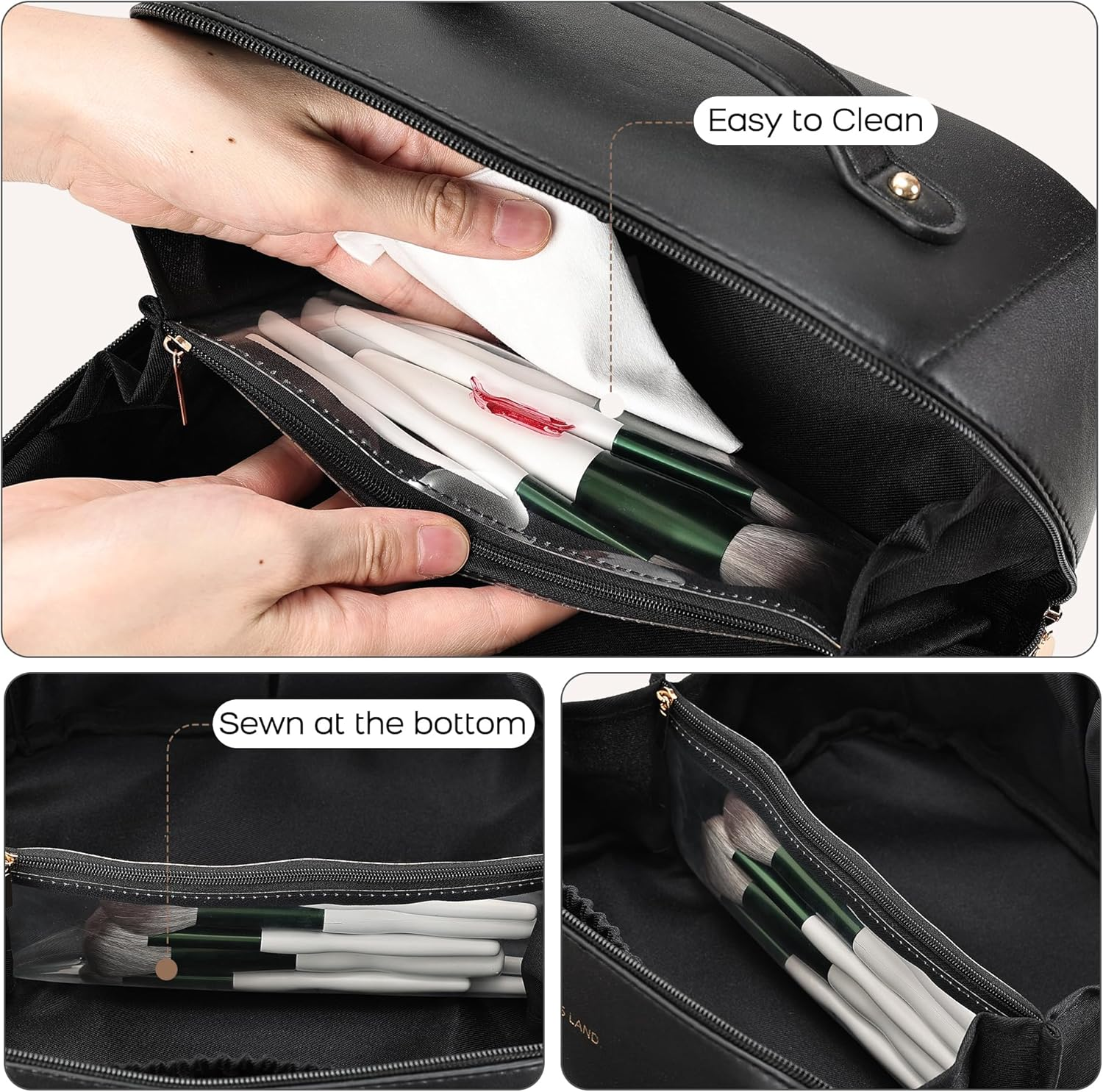 DDPOND Makeup Bag Large Travel Cosmetic Bags for Women Waterproof PU Leather Makeup Organizer Bag with Handle and Divider for Storage Toiletry Bag Travel Essentials Cosmetic Pouch Black