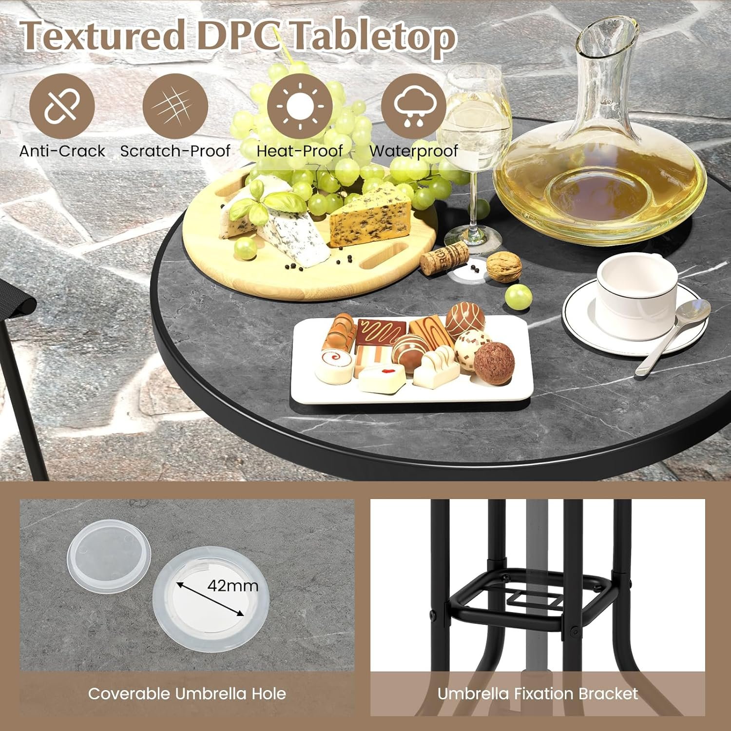 Costway 3 PCS Outdoor Bar Stool Set, Bistro Furniture with DPC Tabletop, Umbrella Hole & Footrest, Patio Bar Table with 2 Folding Counter Height Chair for Poolside Deck Porch, Black