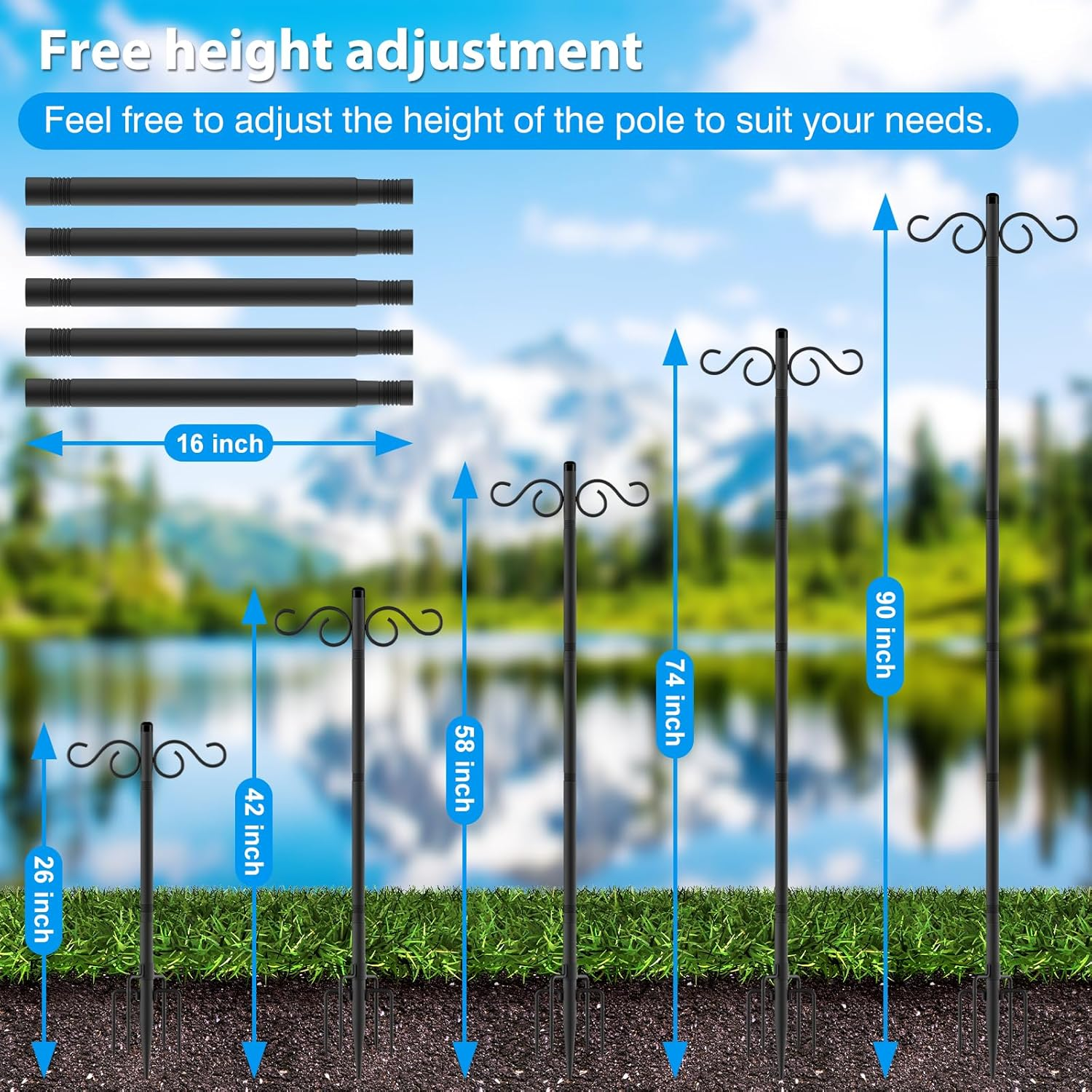 Adjustable Shepherd Hooks for Outdoor,2 Pack 90 Inch 5 Prong Base Bird Two Sided Feeder Poles,Heavy Duty Shepherds Hook,Suitable for Garden in Hanging Flower Basket,Lantern,Bird Nests image number 6