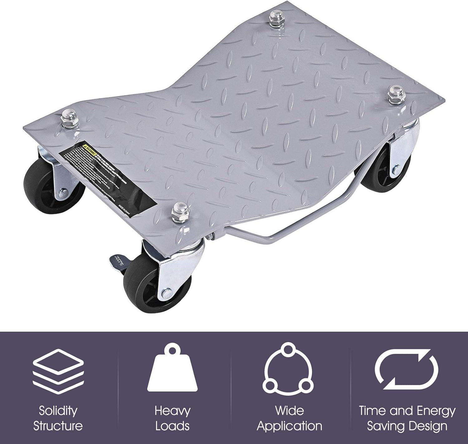 Costway 2720 KG Capacity Wheel Dolly Set of 4, Heavy Duty Steel Tire Skates with Lockable Casters & Handle, 40.5 X 30 Cm Car Lift Dolly Set for Moving Cars, Trucks, Tractors, Motorcycles, Gray image number 4