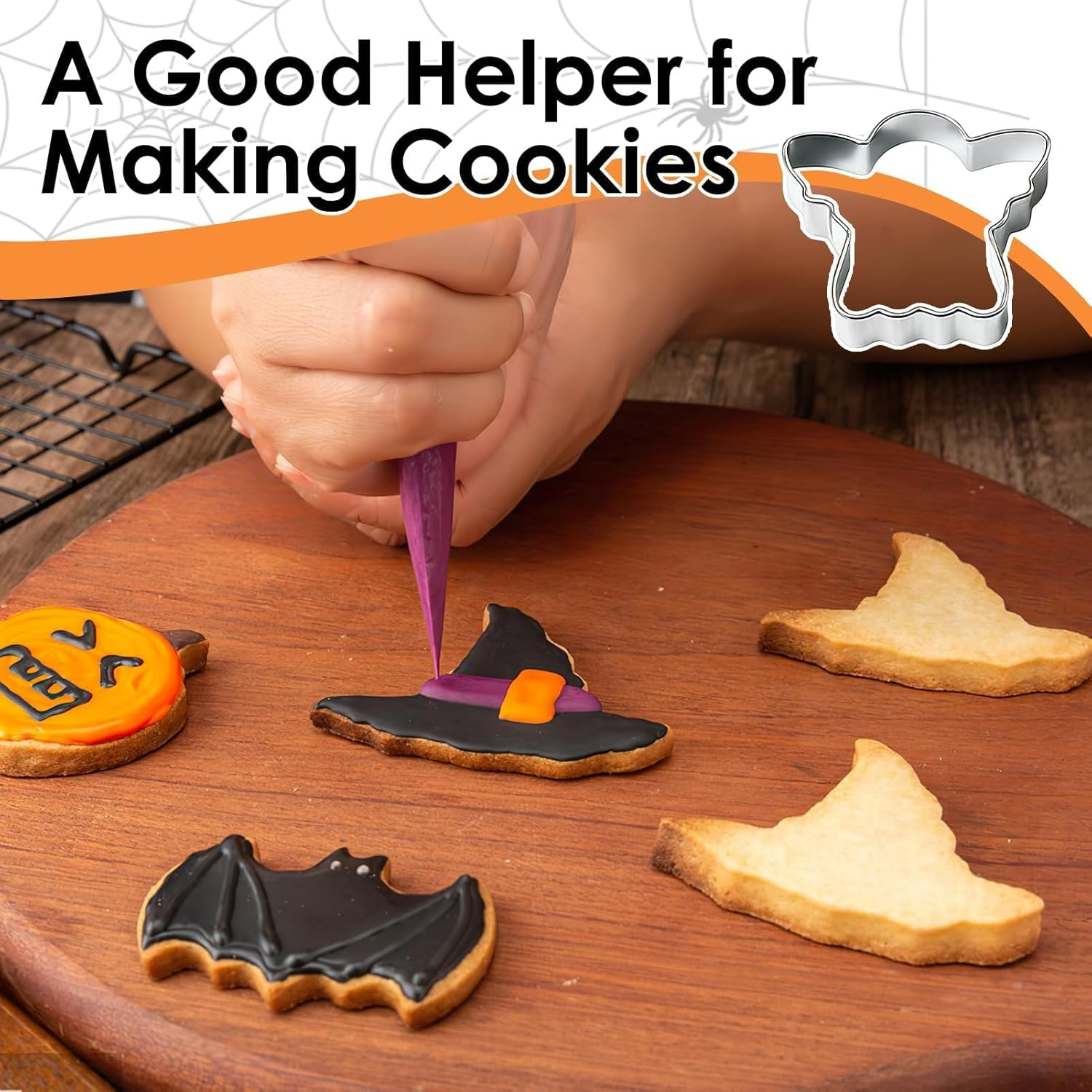 Halloween Cookie Cutters Set Large, 6 Pack Premium Stainless Steel Metal Cookie Cutters, Witch'S Hat, Pumpkin, Ghost, Bat, Tombstone and Cat Halloween Cookie Cutter (Silver) image number 5