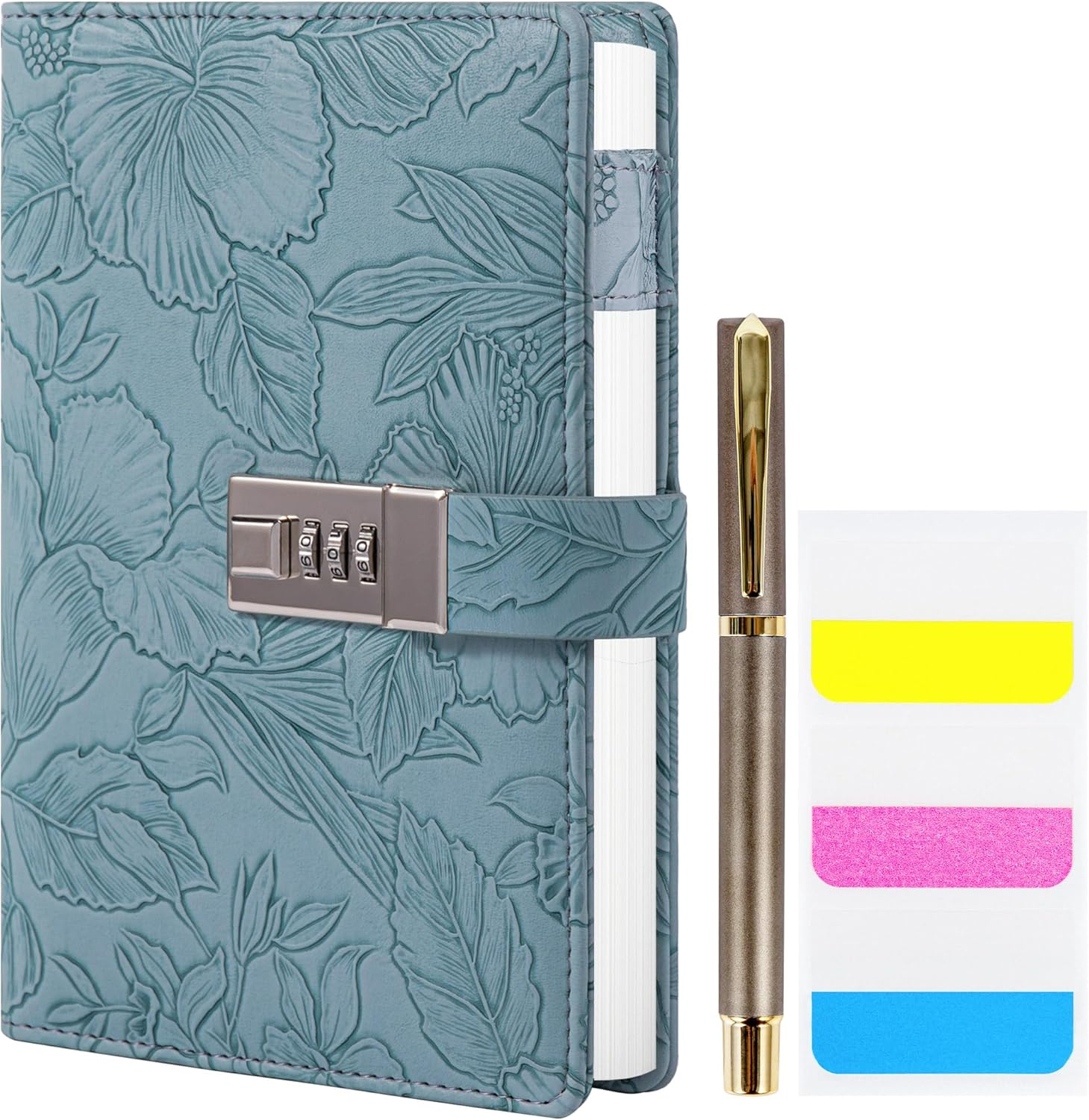 Diary with Lock for Women, 3D Embossed Journal with Lock, 224 Pages Wide Lined Notebooks, PU Leather with Pen and Stickers Planner Organizer for Women & Men