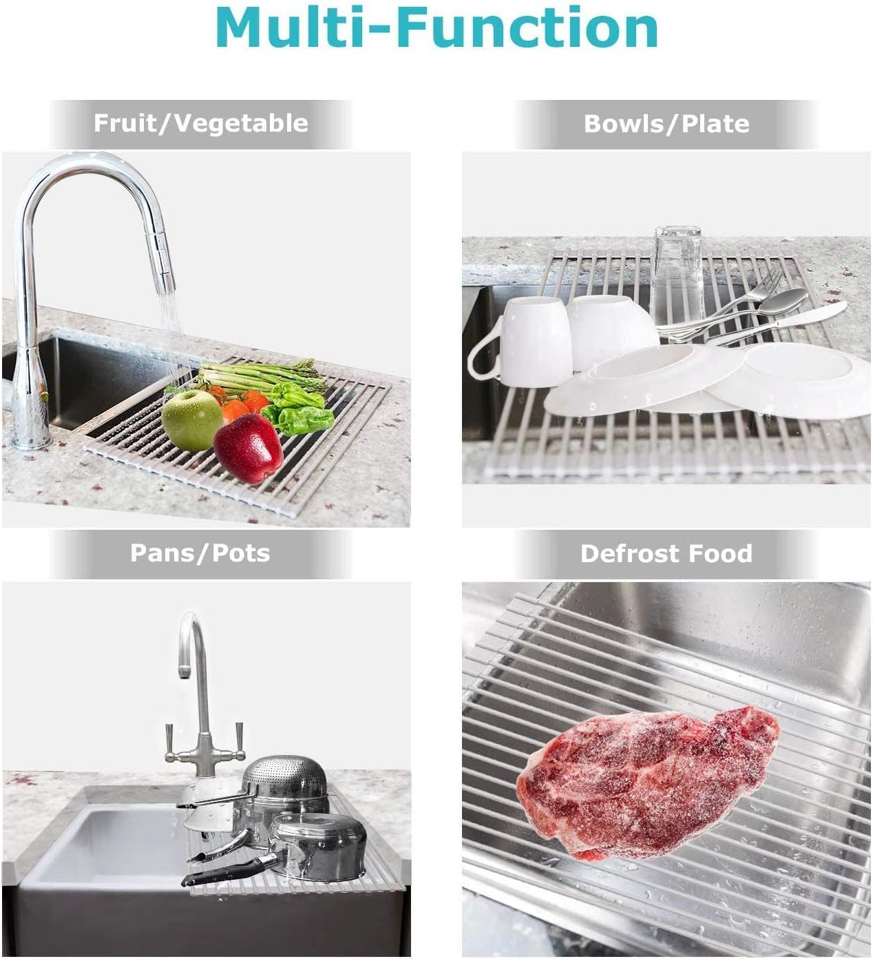 EZONEDEAL Roll up Dish Drying Rack - Kitchen over the Sink Dish Drainer Sink Rack with Non-Slip Silicone - Dishwasher Safe, Easy to Clean and Store (52Cm X 33Cm)