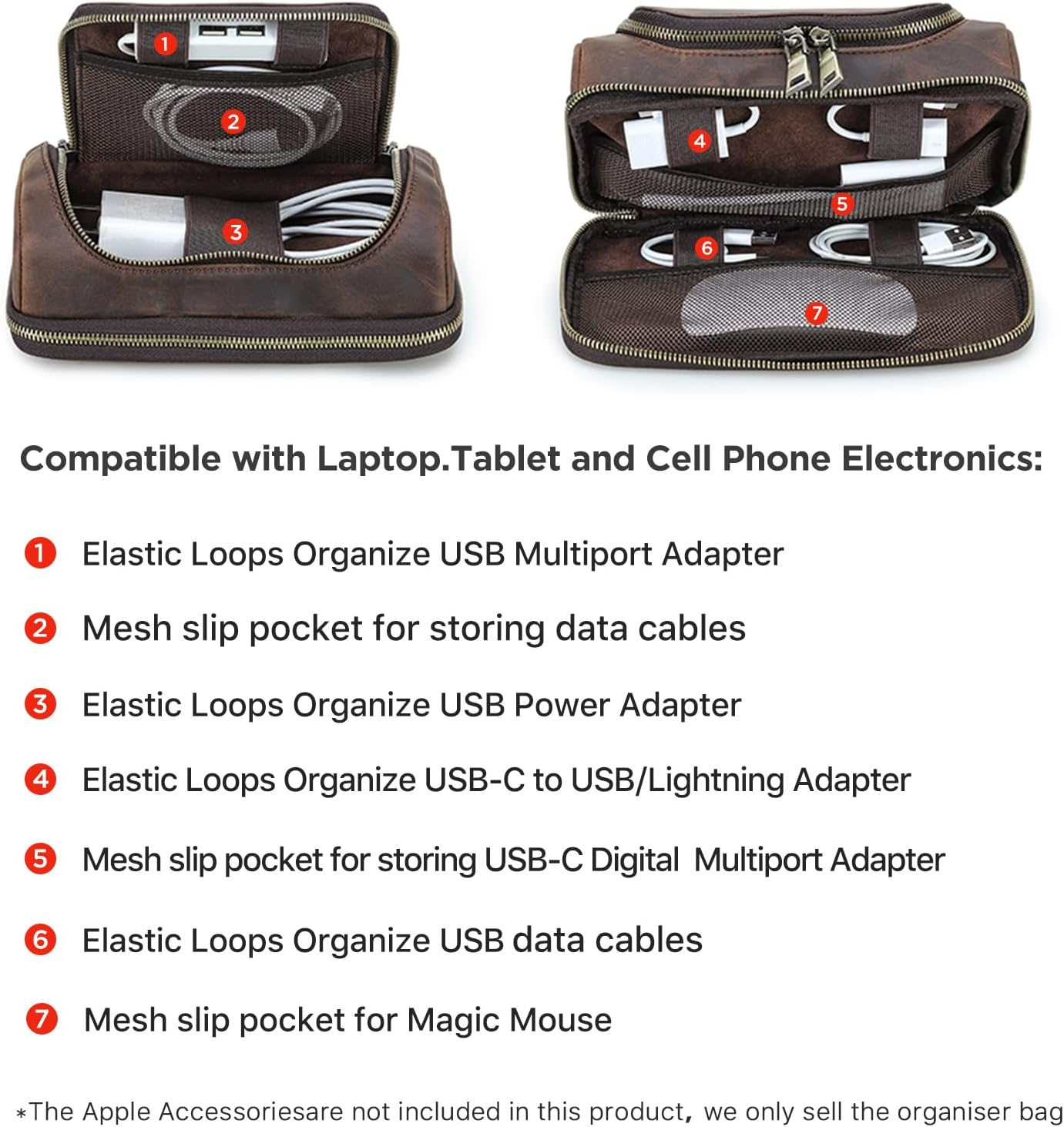 CONTACT'S FAMILY Electronic Organizer Zipper Bag Tech Pouch Handmade Crazy Horse Leather Portable Compact Electronics Travel Organiser Fits Laptop Tablet Cell Phone Accessories Coffee image number 5