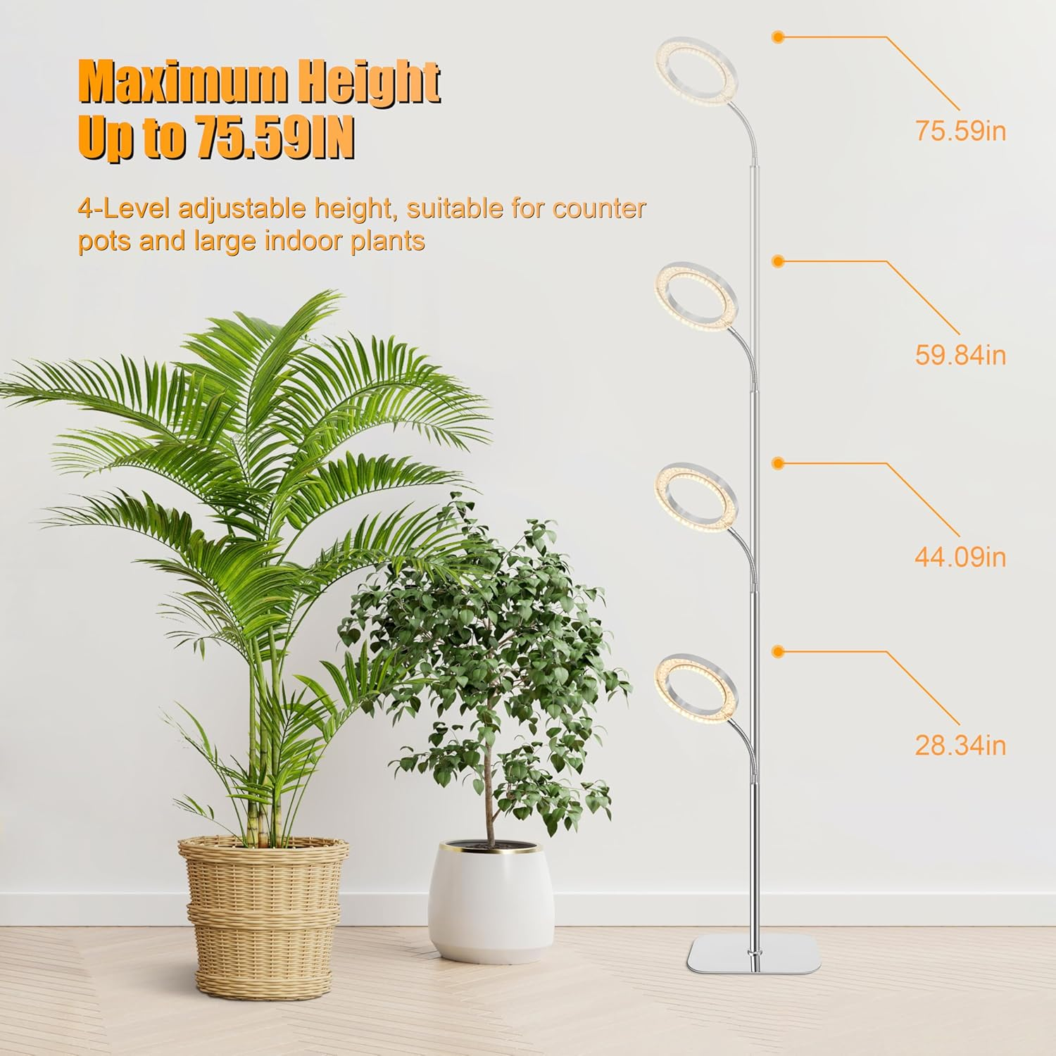 Floor Grow Light for Indoor Large Tall Plants, LED Full Spectrum Plant Light with Stand, 3/9/12H Timer, 60 Inch Height Adjustable,10 Level Dimmable, Silver Halo Growth Lamp image number 6