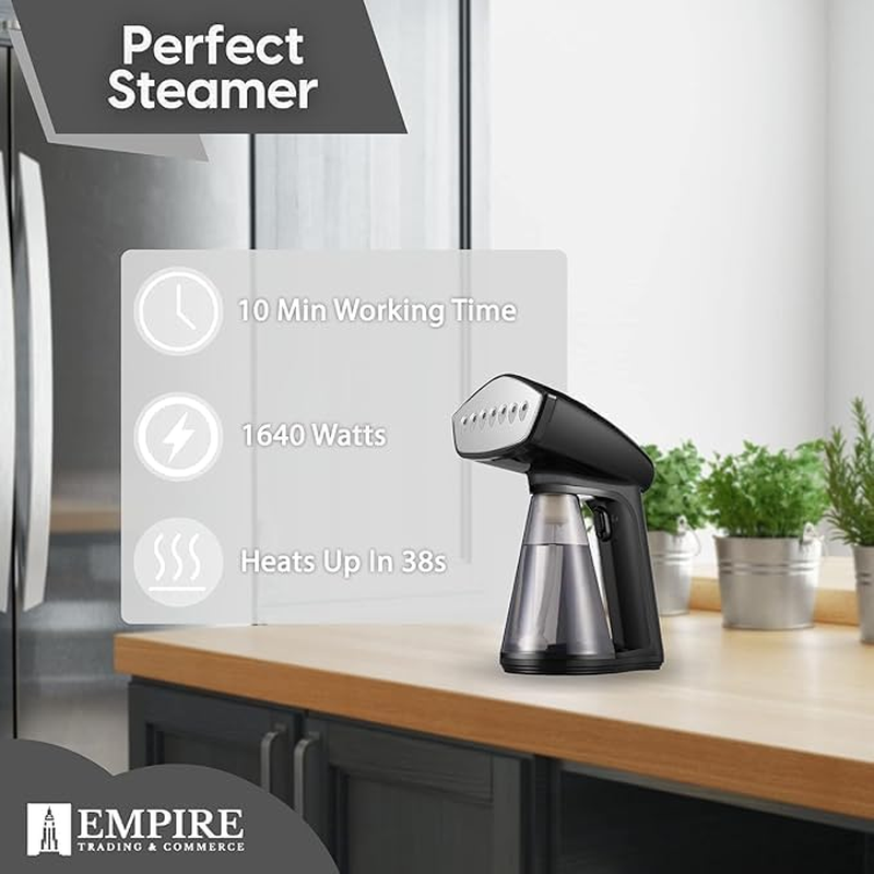 Empire Garment Steamer, 1640W Fabric Steamer, 25G/Min Steam Output, Fast Heat-Up, 260ML Detachable Water Tank, Lightweight Travel Iron for Clothes & Fabrics - Black image number 3