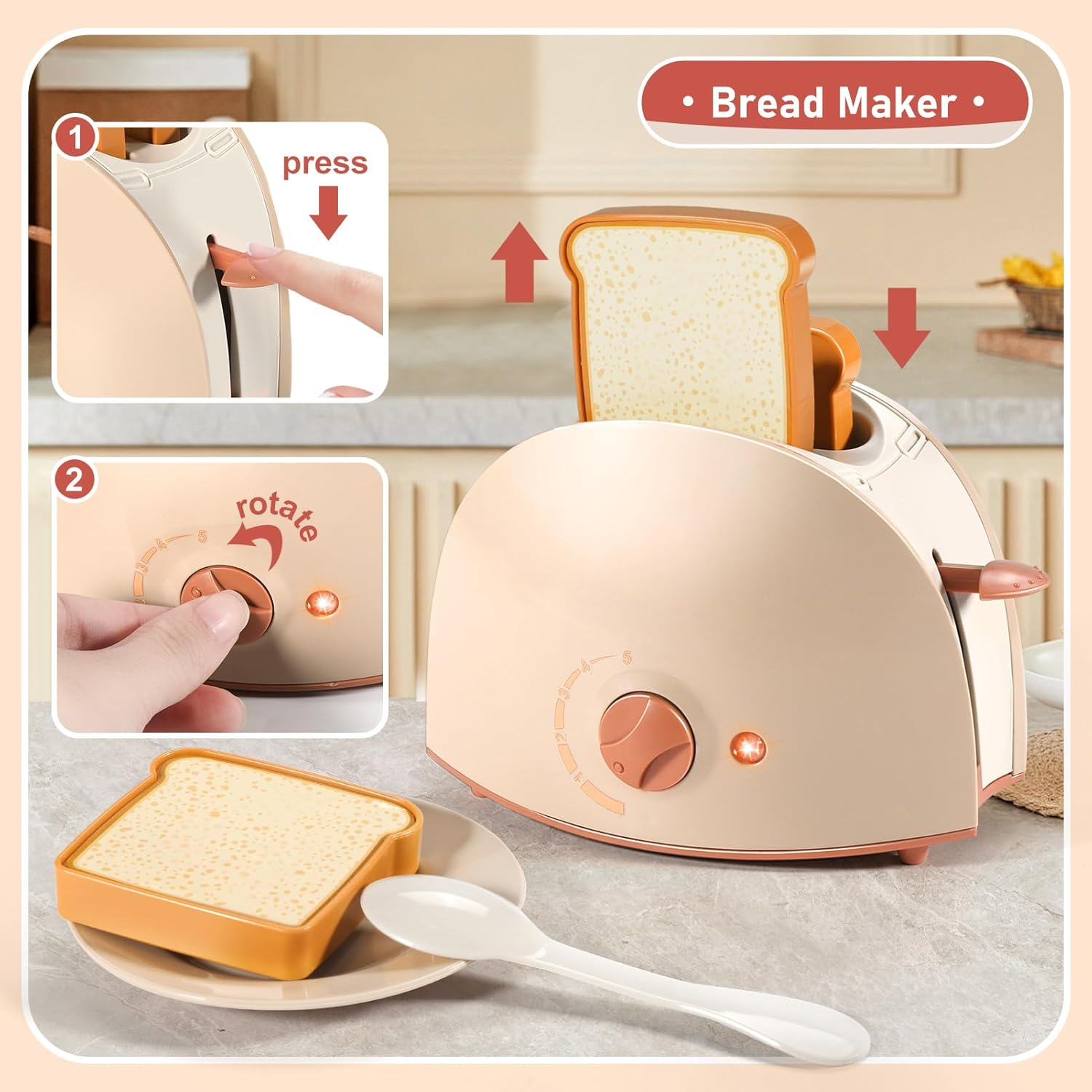 Kids Kitchen Set Includes Coffee Maker ,Blender,Fruit Machine and Toaster ,Apron and Cups,With Realistic Lights& Sounds for Kids 3+ Ages Toddler Toys image number 6