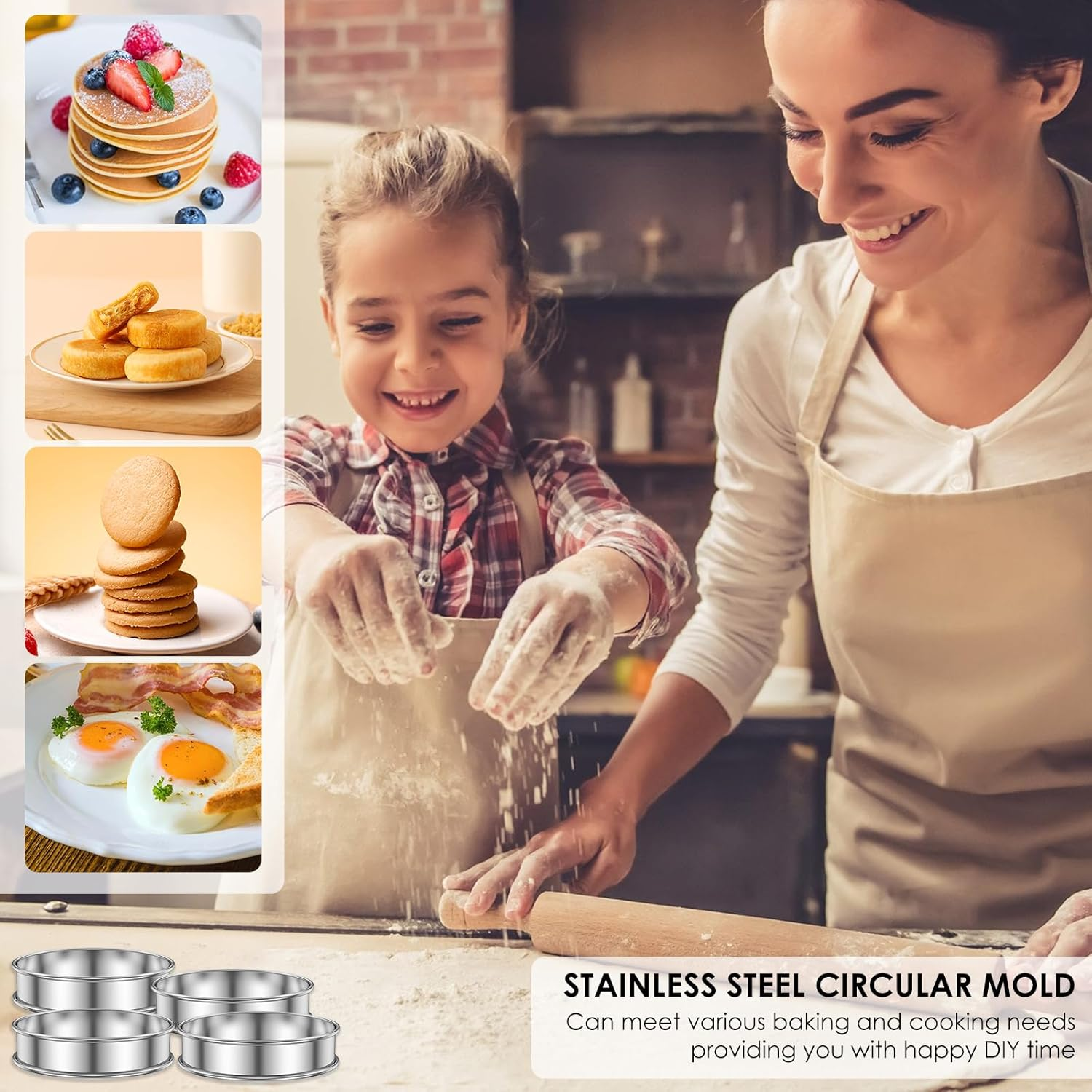 ZJMCAJY 12-Piece English Muffin Rings, 304 Stainless Steel, Double Rolled Edges, 8Cm & 10Cm Sizes, Nonstick, Dishwasher Safe - 10Cm image number 3