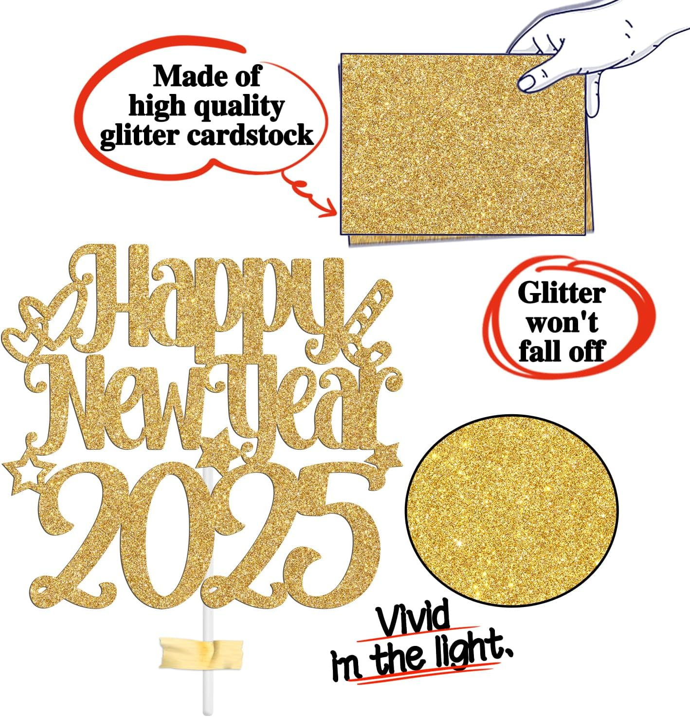 Happy New Year 2025 Cake Topper, Happy Holiday/Merry Christmas Cake Decor, New Year'S Eve Festival Party Decoration Suppllies, Gold Glitter image number 1