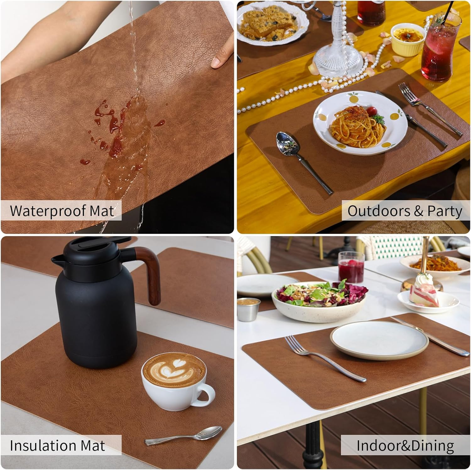 Cowhide Pattern Faux Leather Placemats Set of 6,Heat Resistant Non-Slip Waterproof Wipeable Washable Kitchen Dining PU Table Place Mats,Double-Sides Available,Dark Coffee image number 6