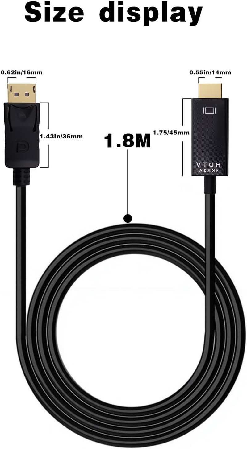 Duttek 4K Displayport to HDMI Cable 6Ft/1.8M, DP to HDMI Male Cable, Display Port to HDMI Cable Support 1080P@120Hz,1440P/2K@60Hz Uni-Directional for Desktop, Monitor, Projector image number 2