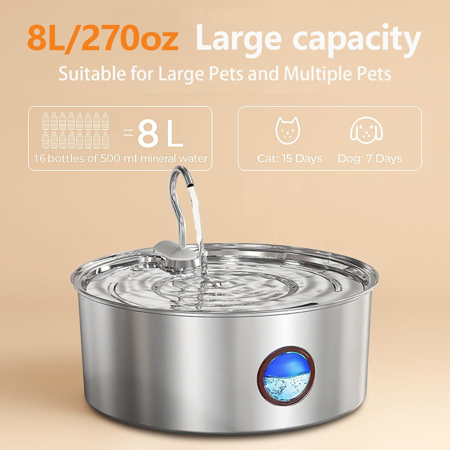 Cat Water Fountain Stainless Steel,8L/270Oz Dog Water Fountain Large Capacity with Filters,Ultra Quiet Water Drinking Fountain,Automatic Water Fountain Indoor for Dogs,Cats,Multiple Pets image number 1