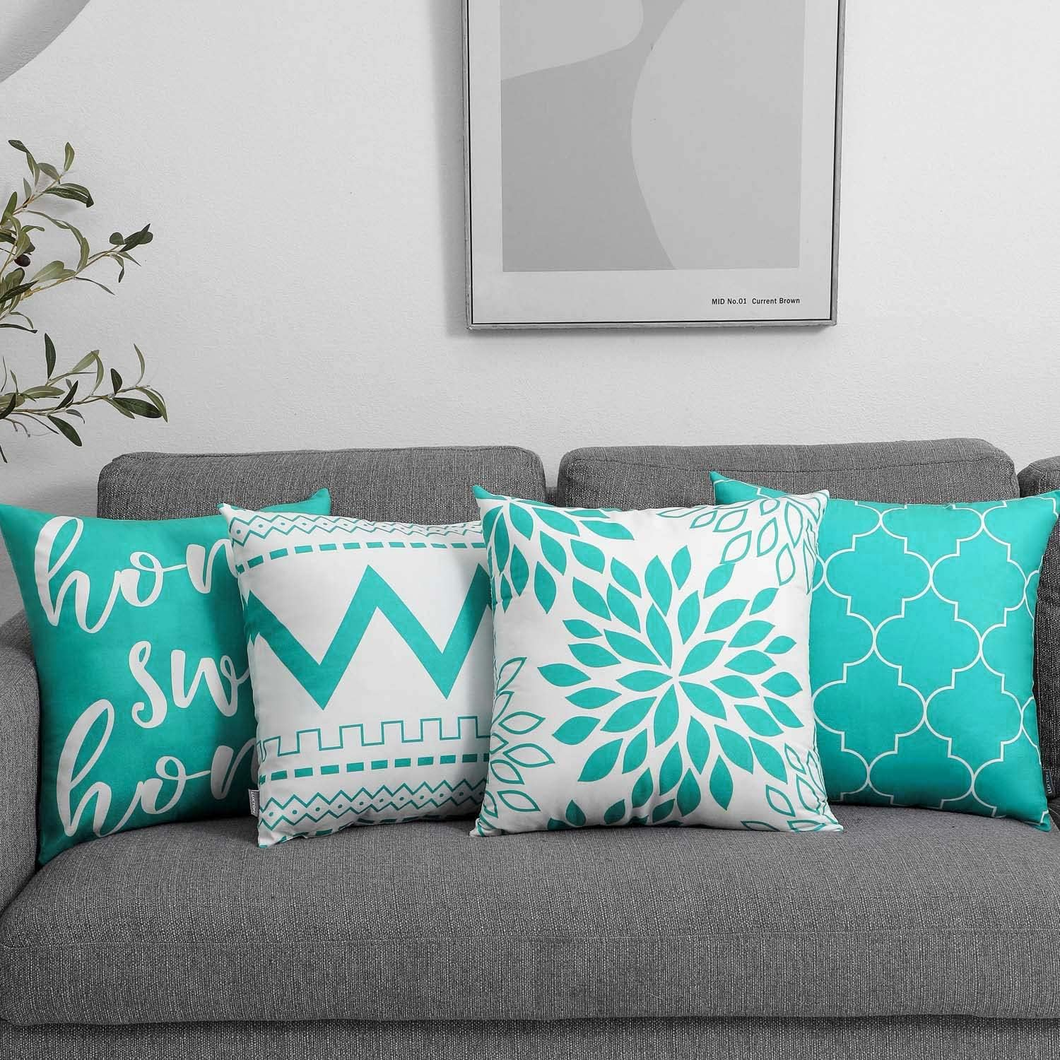 Set of 4 Luxton Turquoise Green Cushion Covers, Flannel Soft Abstract Floral Square Cushion Cover Set 45X45Cm (Turquoise Green)