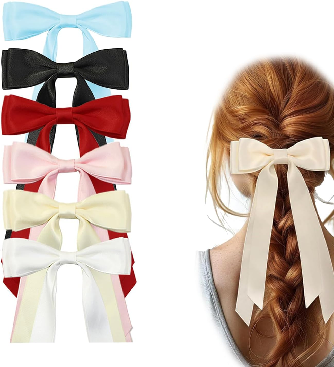 ONBPIY 6Pcs Hair Bows for Women Silky Satin Ribbon Bow Clips with Metal Alligator Clips Hair Accessories 6 Colors image number 2