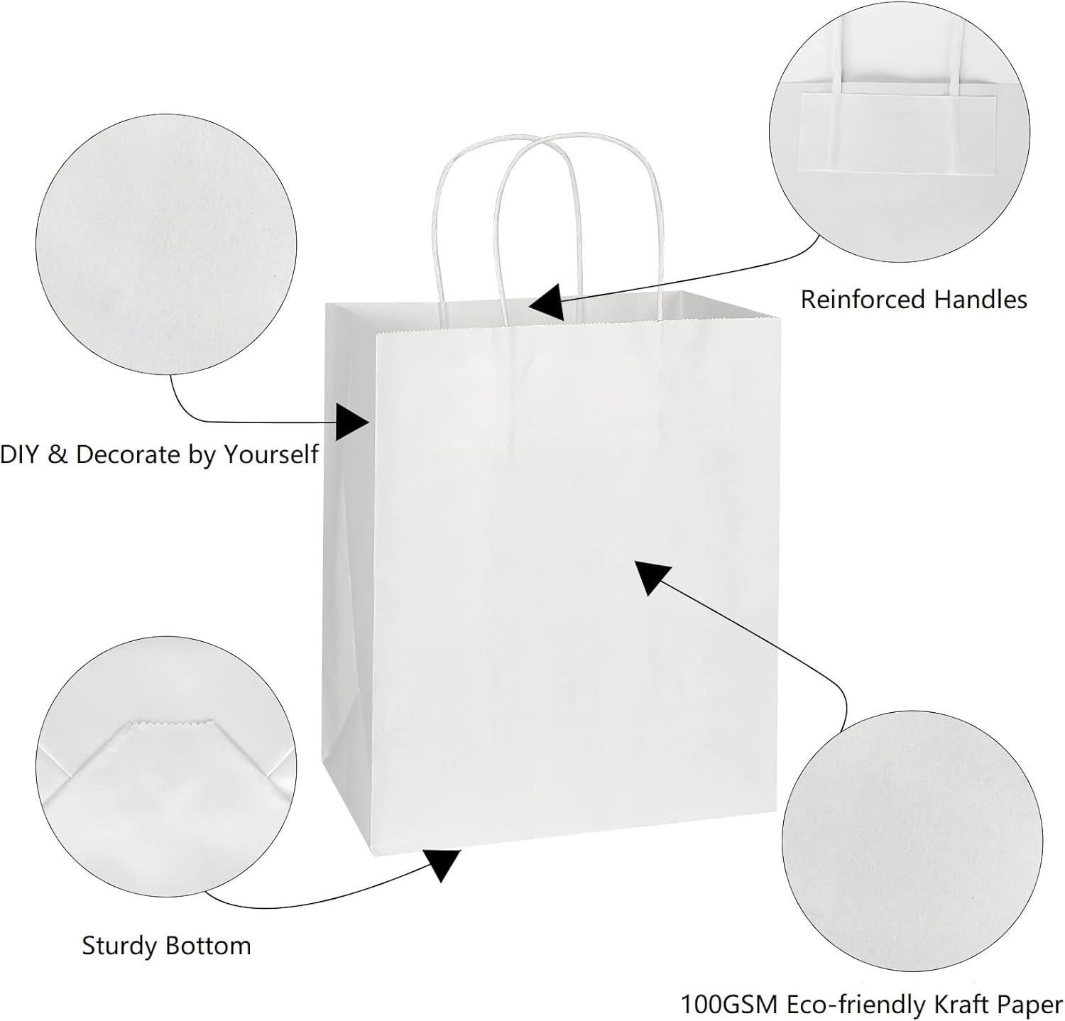 Toovip 100 Pack 8X4.75X10 Inch Medium White Kraft Paper Bags with Handles Bulk, Gift Wrap Bags for Favors Grocery Retail Party Birthday Shopping Business Goody Craft Merchandise Take Out Bags Sacks - Black image number 2