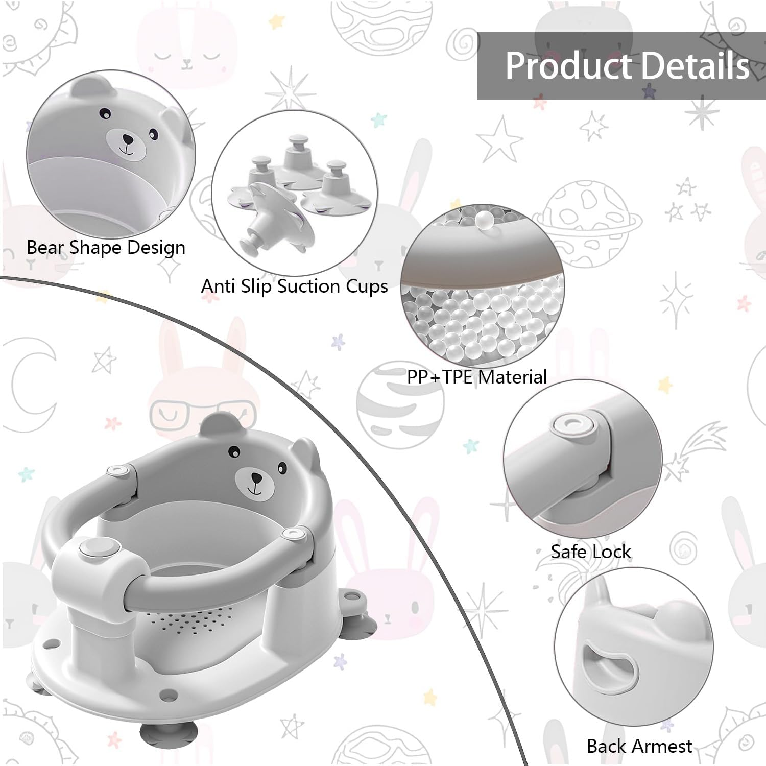 Baby Bath Seat for Babies 6 Months & Up, Toddler Bath Seats for Babies Sitting Up, Non-Slip Infant Bath Tub Chair with 4 Suction Cups & Soft Cushion for Shower, Compact Toddler Bathtub Seat image number 1