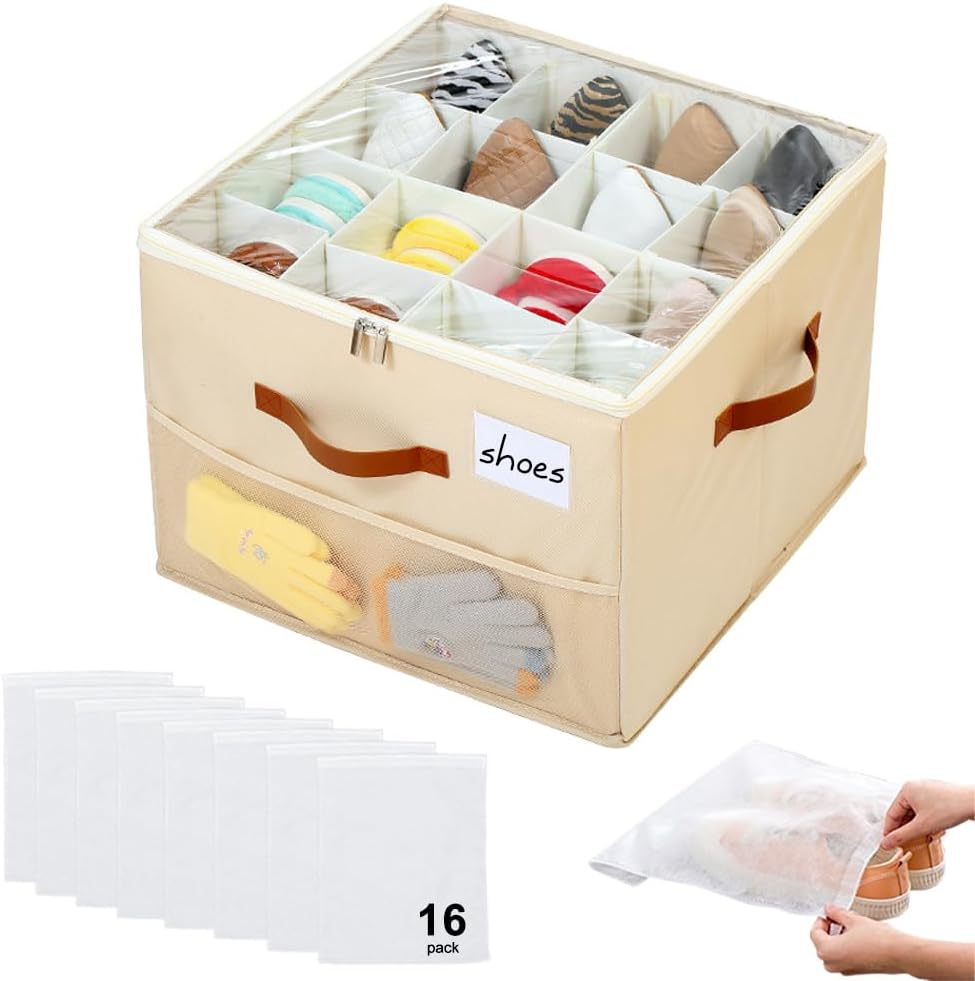Shoe Storage Box with 16 Bags, TINY SPARK Foldable & Adjustable Organiser with Clear Cover and Leather Handles, Fits 8-16 Pairs, Beige, 43&times;43&times;31Cm (16.9&times;16.9&times;12.2In)