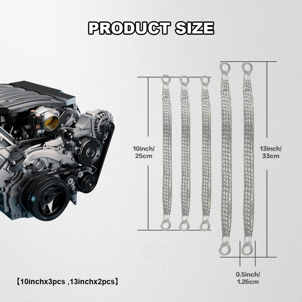 Universal Flat Braided Copper Ground Strap, 3PCS 10"&times;1/2" & 2PCS 13"&times;1/2" Auto Engine Ground Strap, Heavy Duty Flat Braided Tinned Copper Ground Strap Replacement for Most Cars image number 1