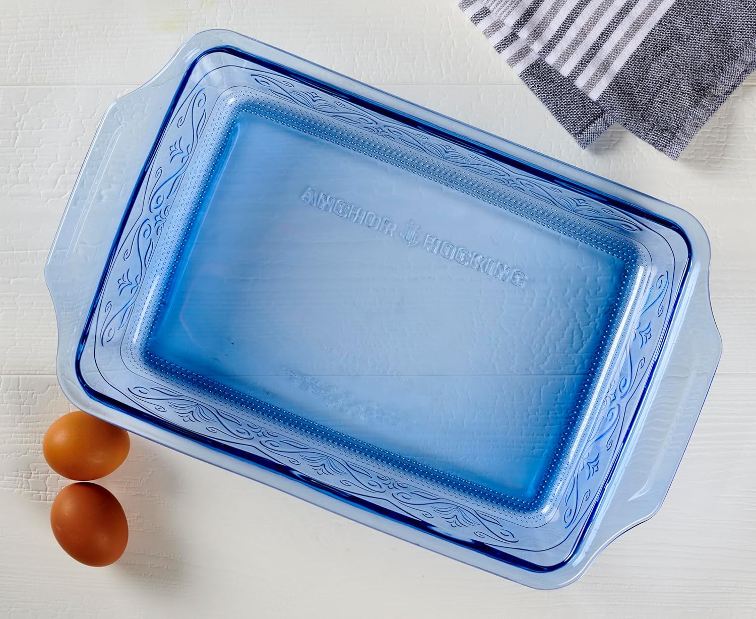 Anchor Hocking Laurel Embossed Bakeware 2-Piece Set &ndash; 3 Quart Baking Dish and 8 Inch Square Dish &ndash; Oven Safe, Microwave Safe, Dishwasher Safe Glass Bakeware, Coastal Blue image number 1