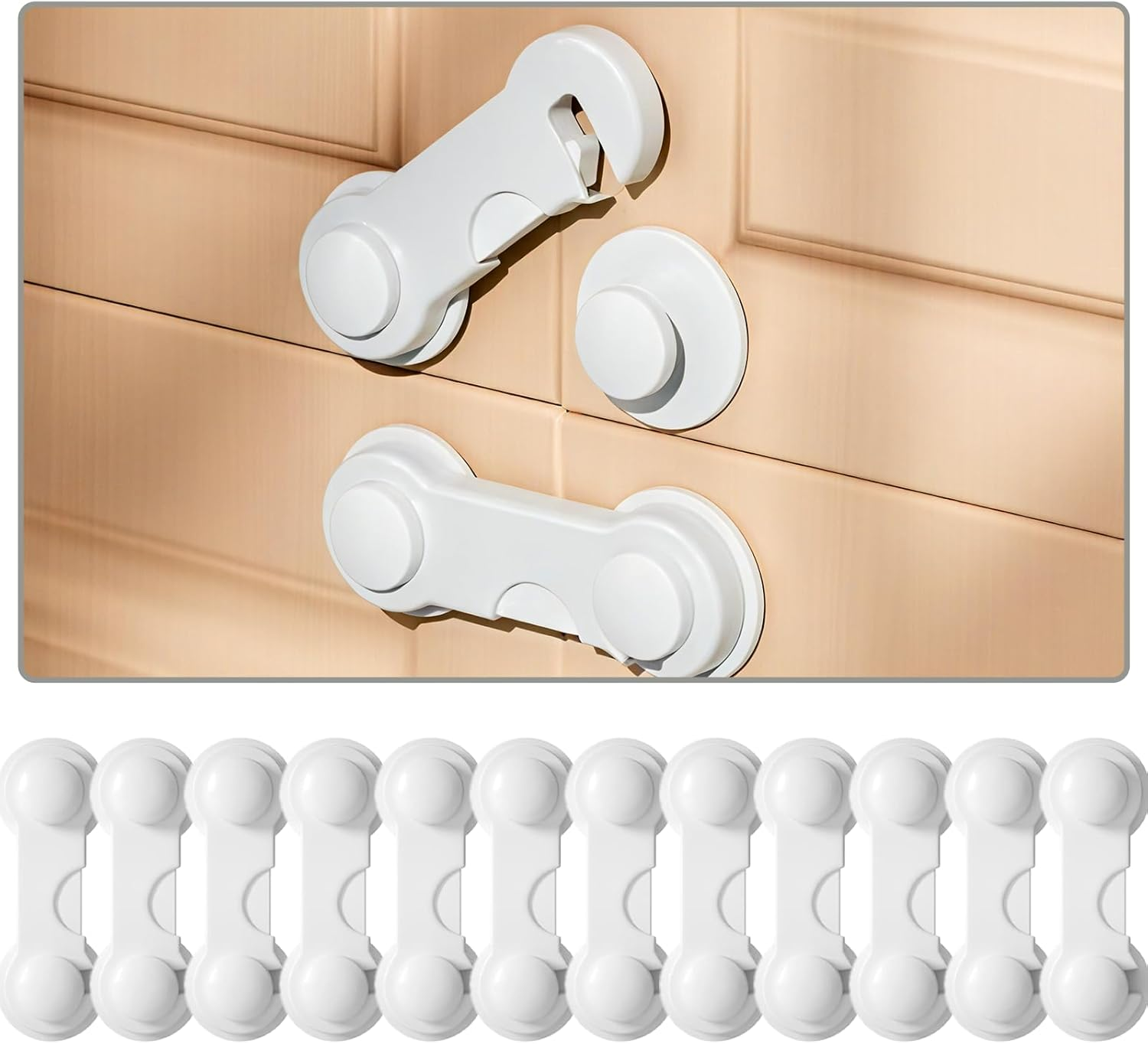 BLUEQUE Child Safety Locks - 12Pack Child Proof Locks for Cabinet Doors, Pantry, Closet, Wardrobe, Cupboard, Drawers, Childproof Cabinet Locks with Adhesive, No Drilling - Baby Proofing Cabinet Lock image number 1